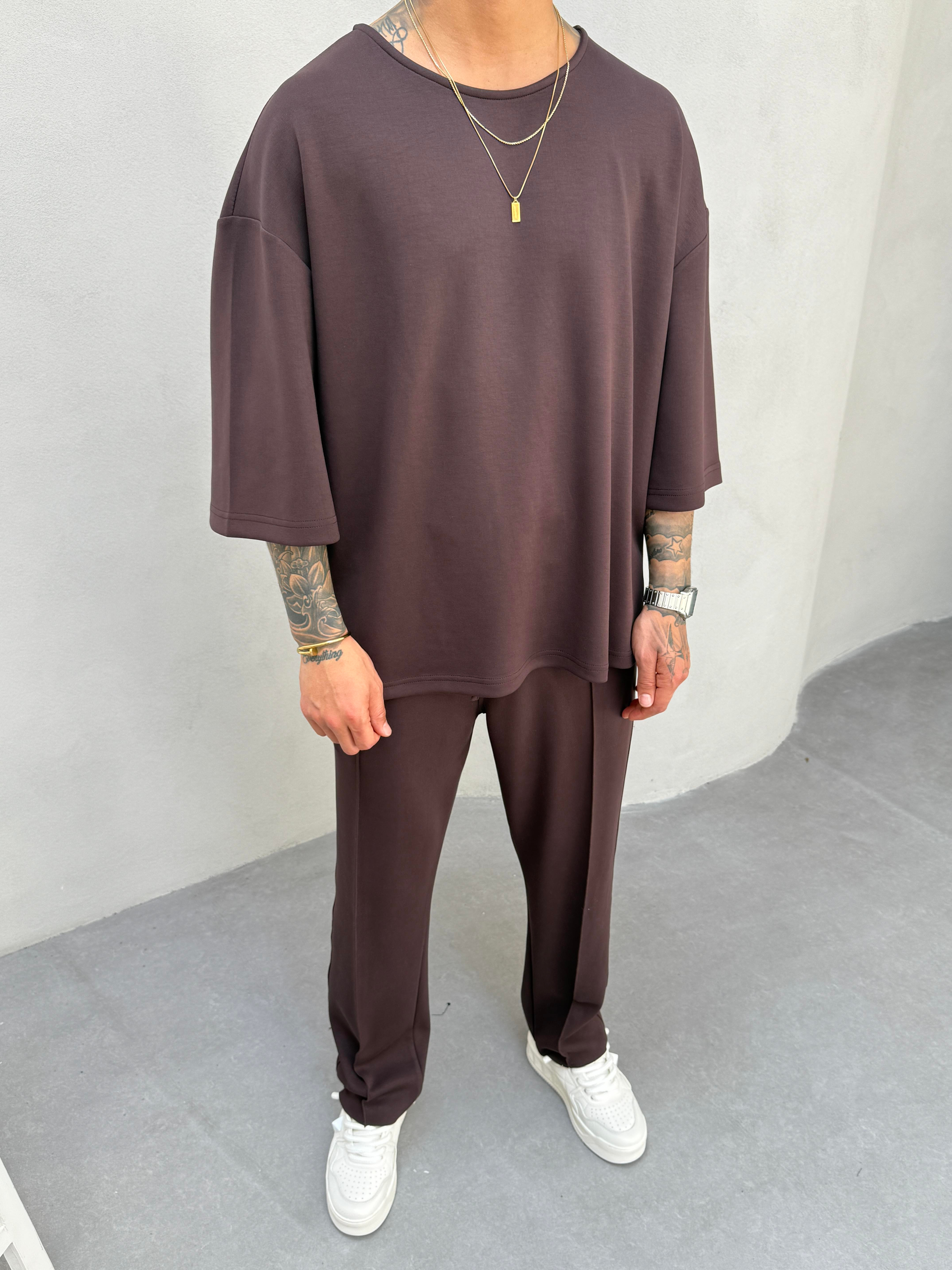 Erkek Basic Dokulu Oversize T-Shirt - Kahve