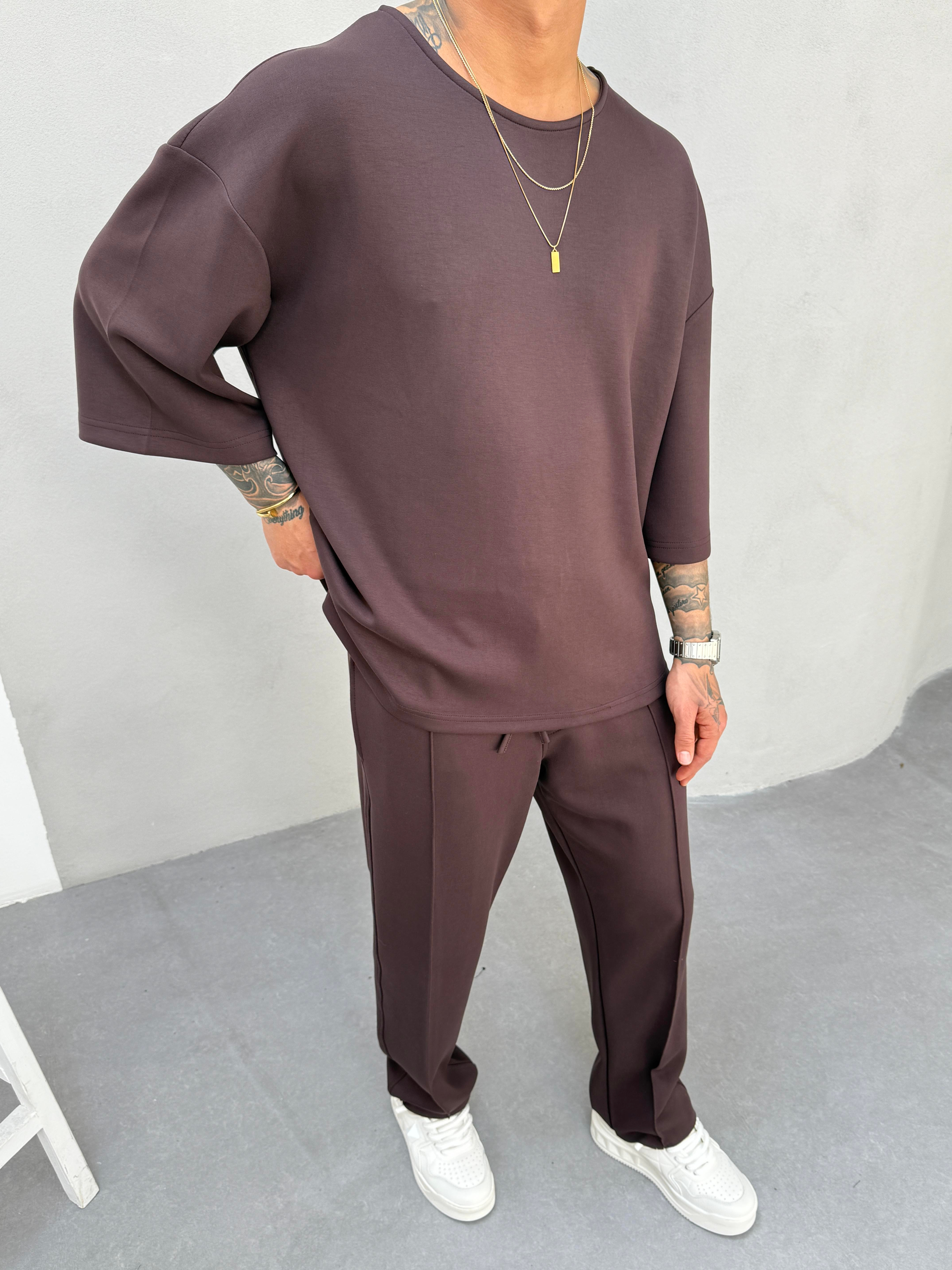 Erkek Basic Dokulu Oversize T-Shirt - Kahve