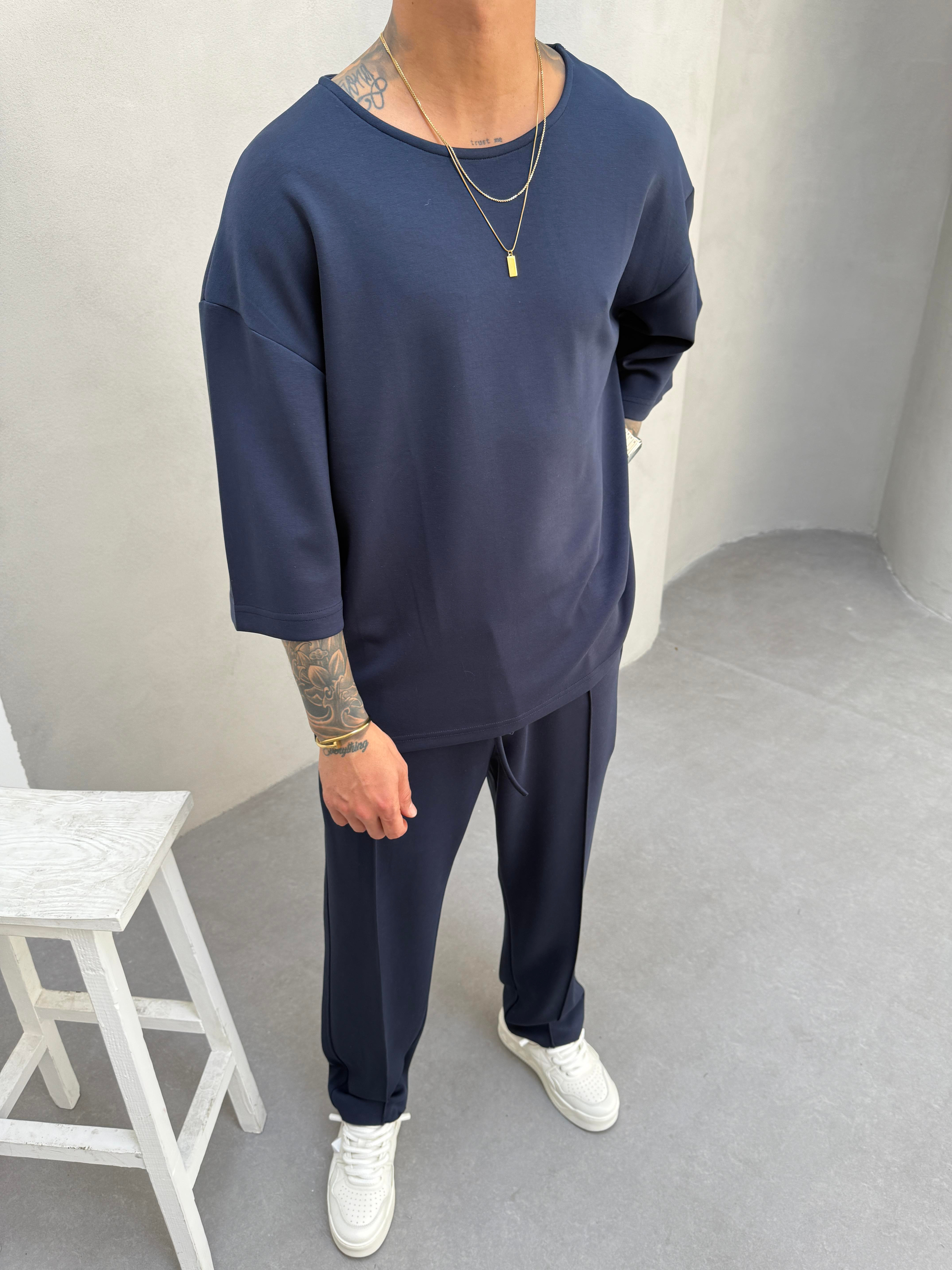 Erkek Basic Dokulu Oversize T-Shirt - Lacivert