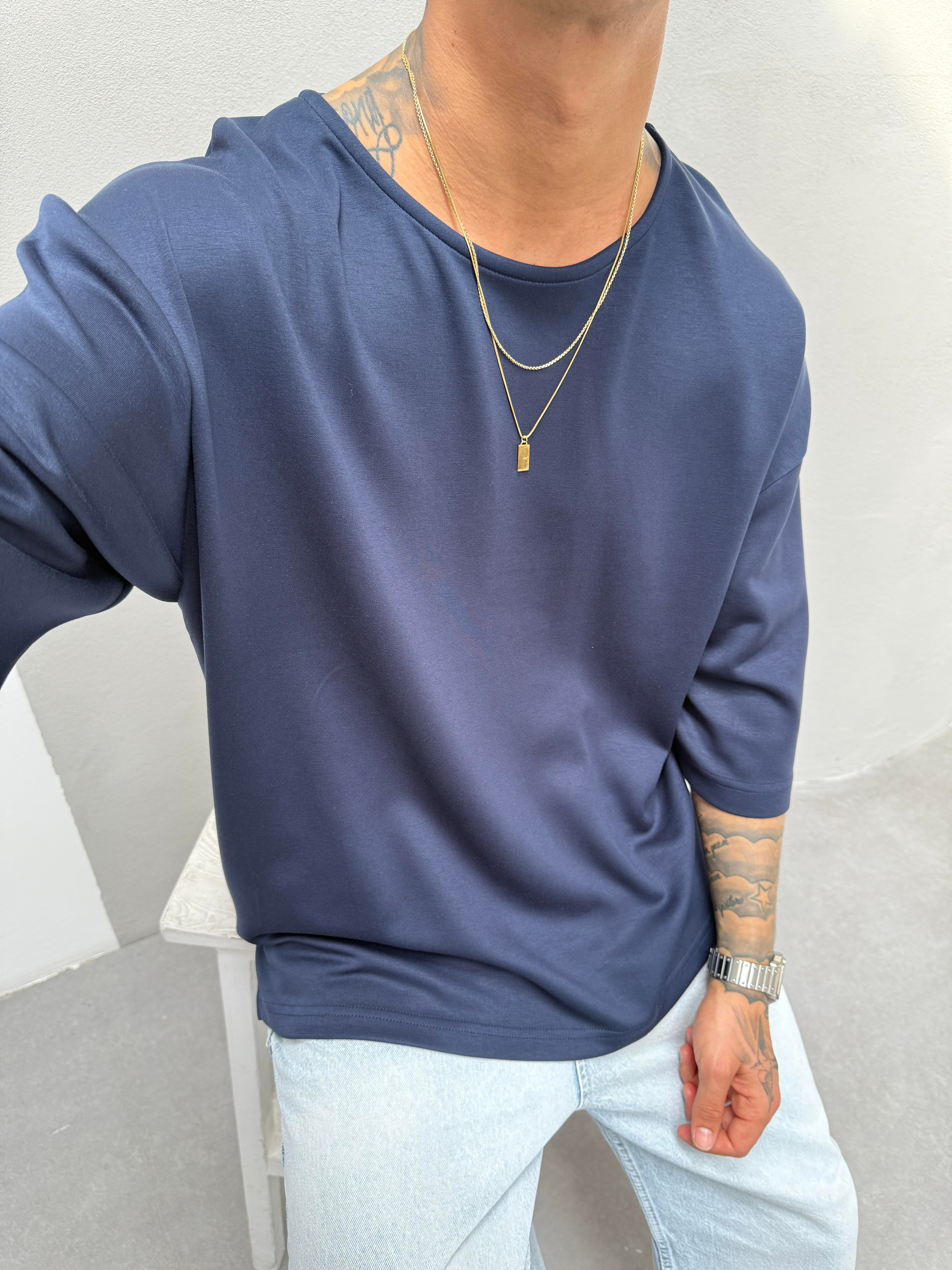 Erkek Basic Dokulu Oversize T-Shirt - Lacivert