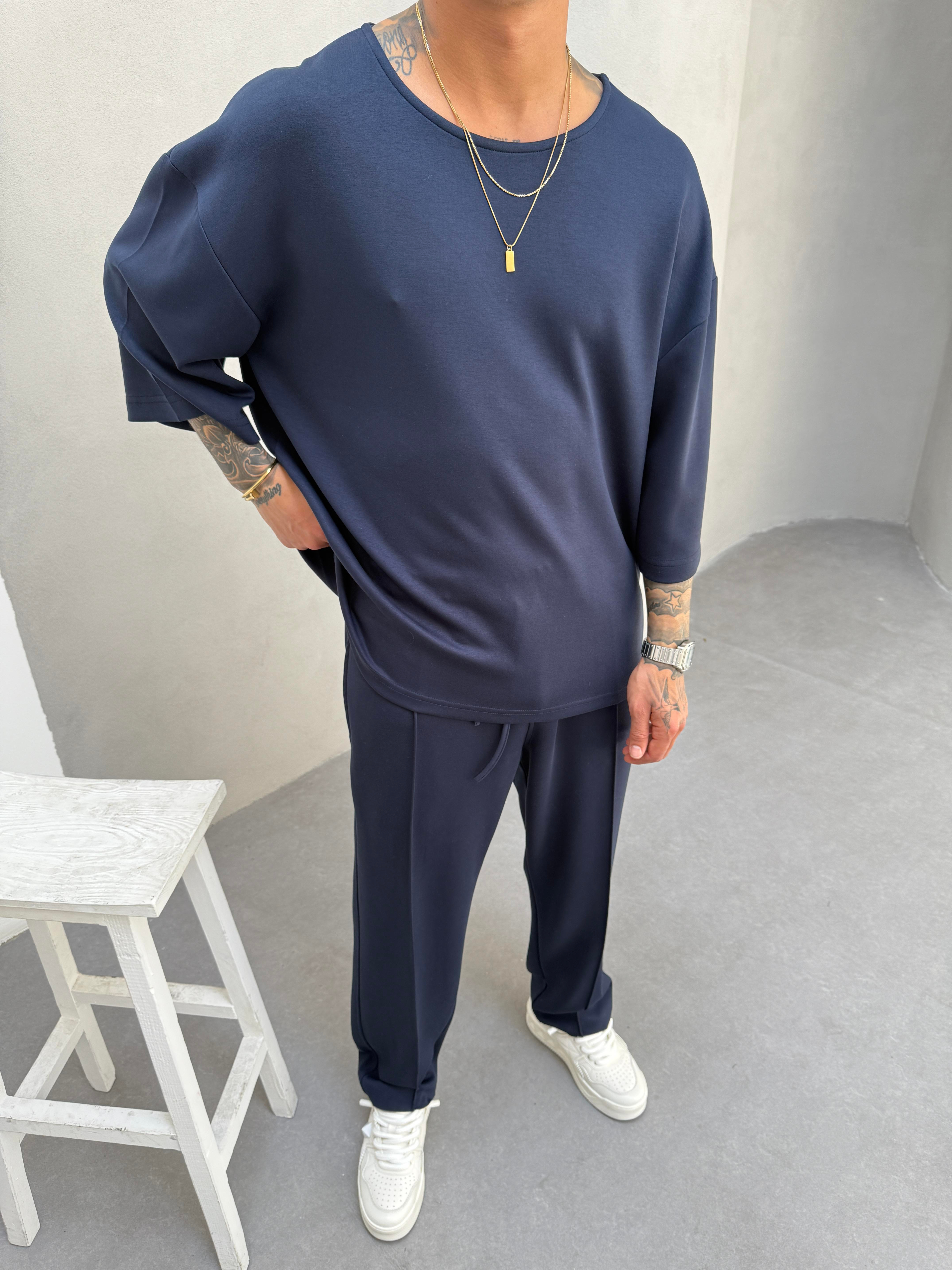 Erkek Basic Dokulu Oversize T-Shirt - Lacivert