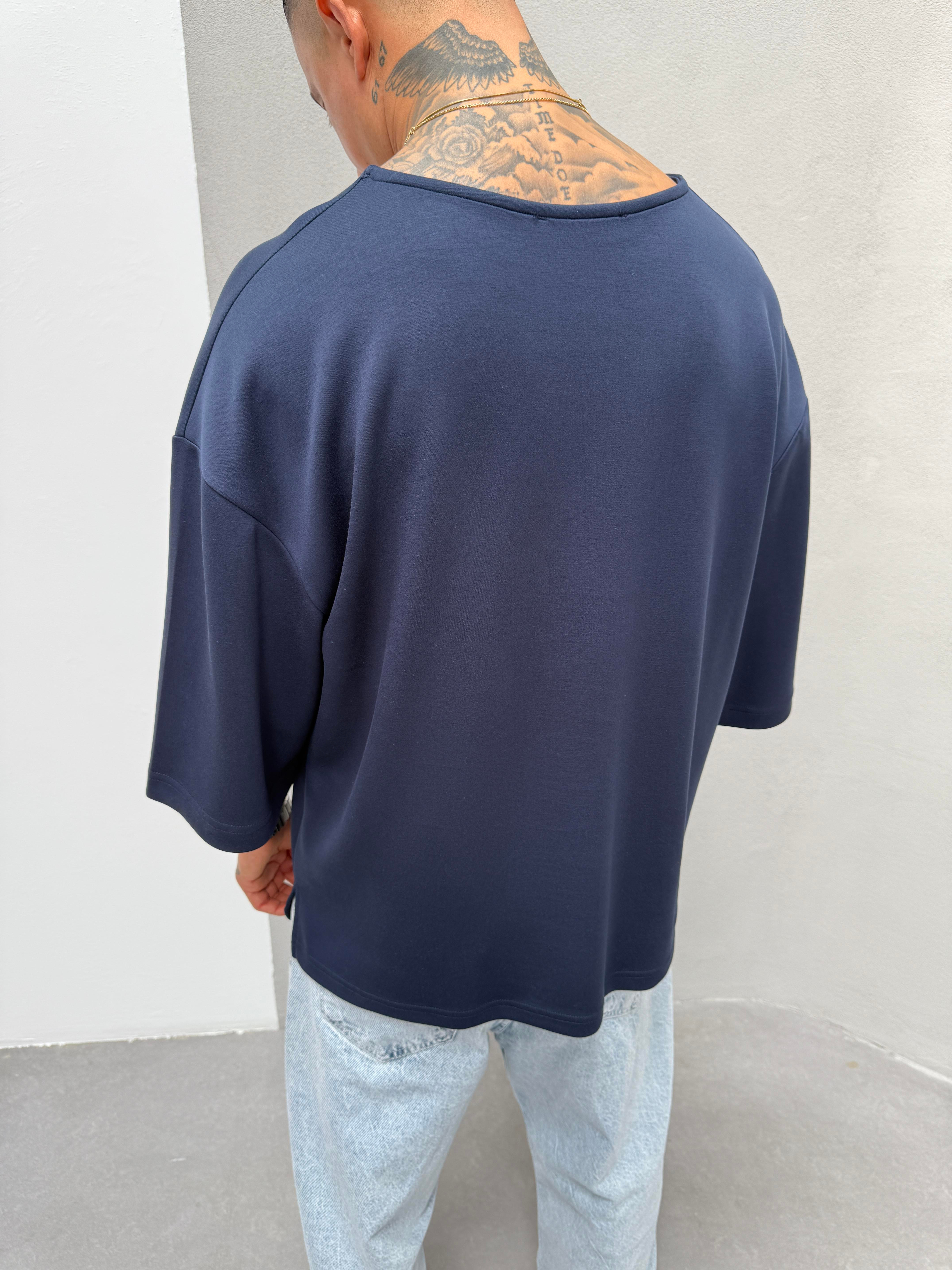 Erkek Basic Dokulu Oversize T-Shirt - Lacivert