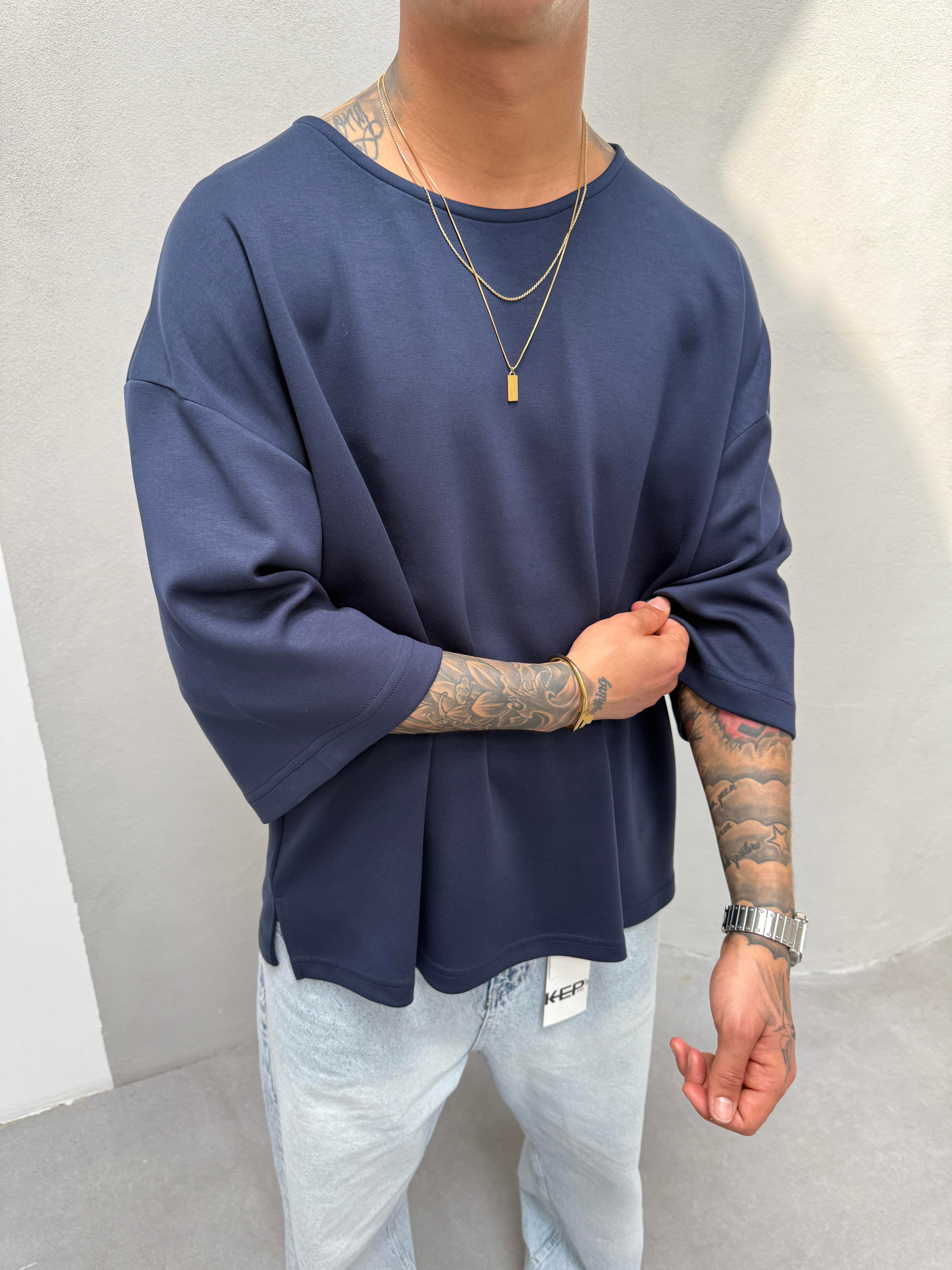 Erkek Basic Dokulu Oversize T-Shirt - Lacivert