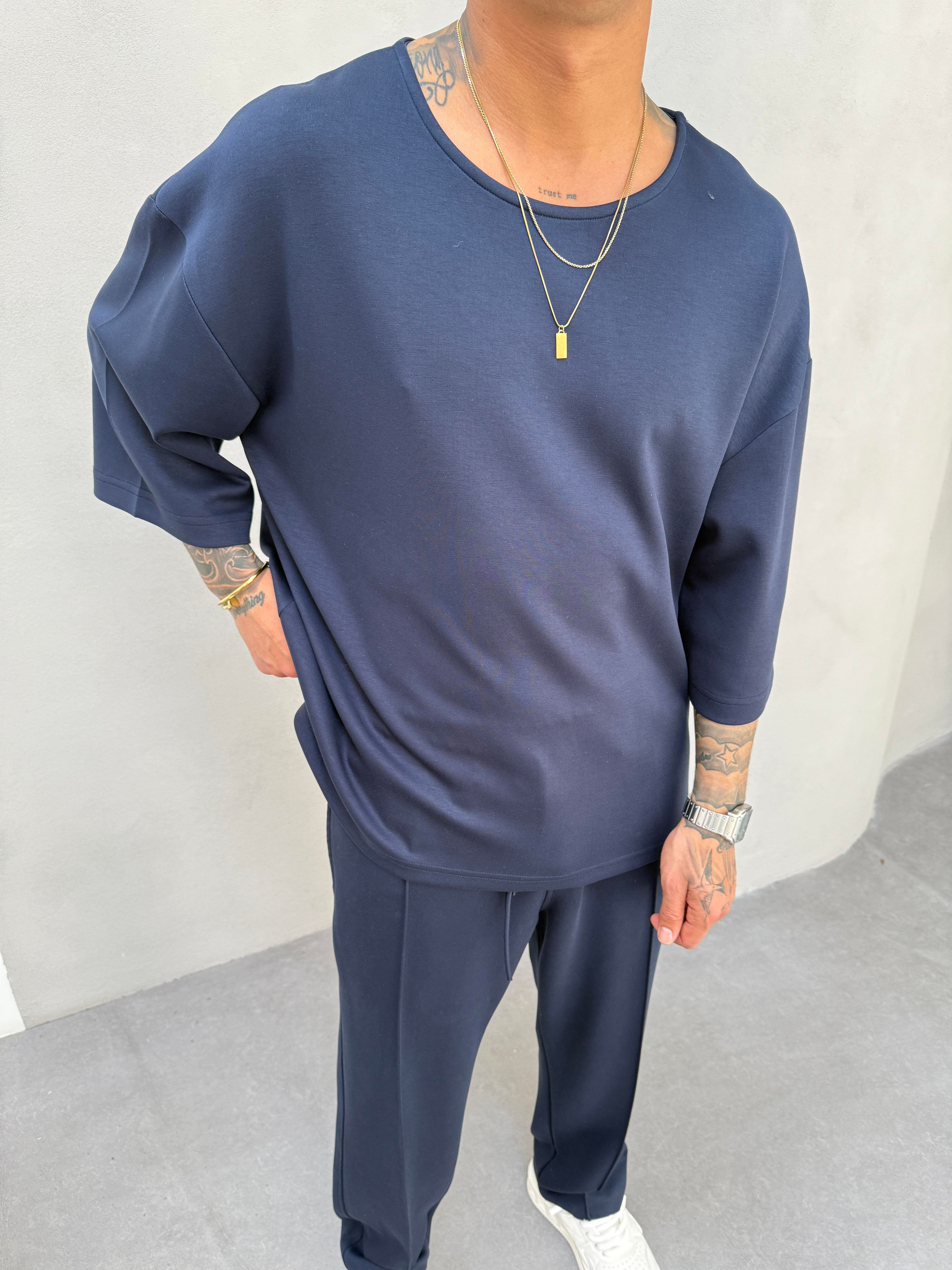 Erkek Basic Dokulu Oversize T-Shirt - Lacivert