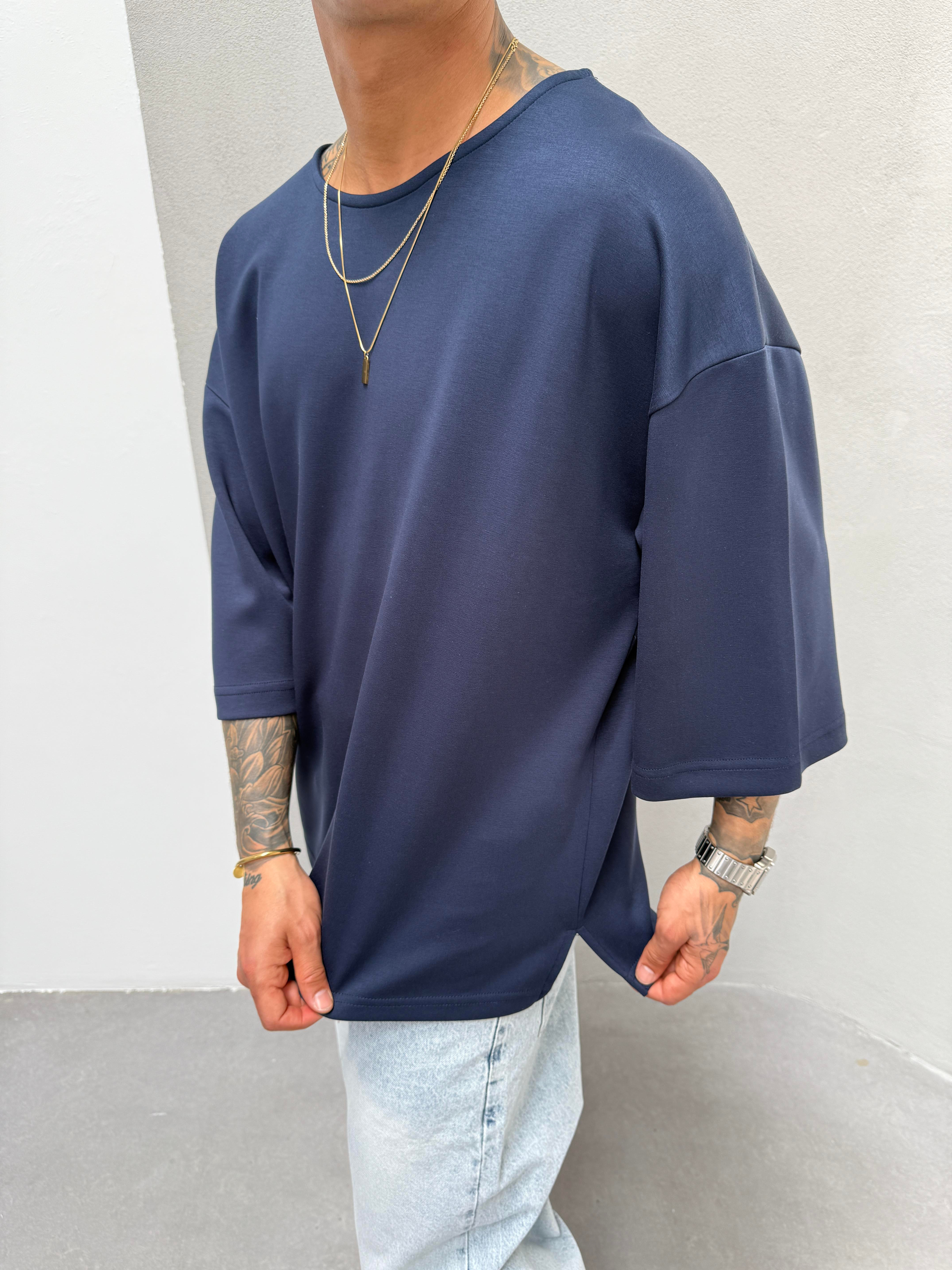 Erkek Basic Dokulu Oversize T-Shirt - Lacivert