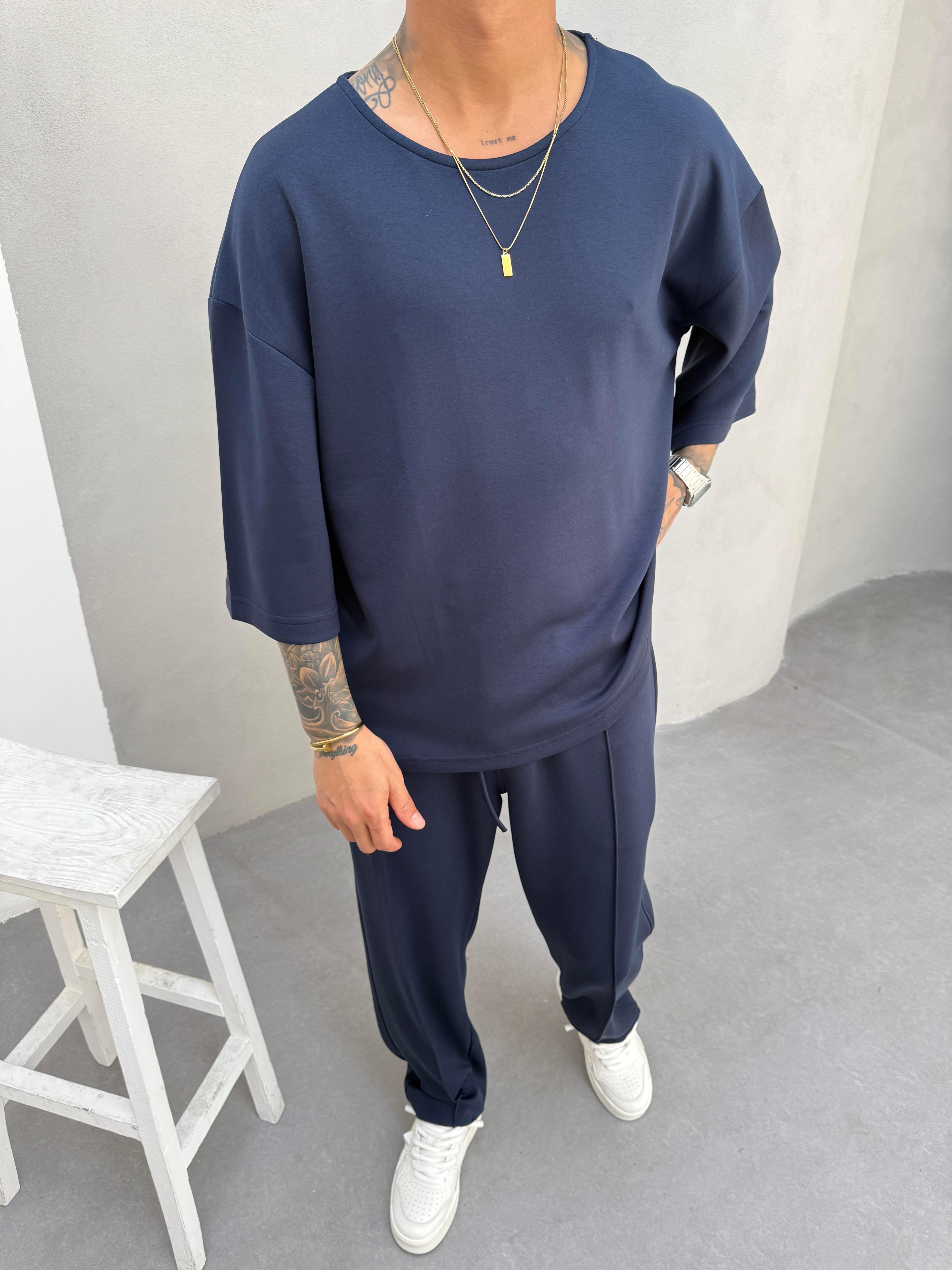 Erkek Basic Dokulu Oversize T-Shirt - Lacivert
