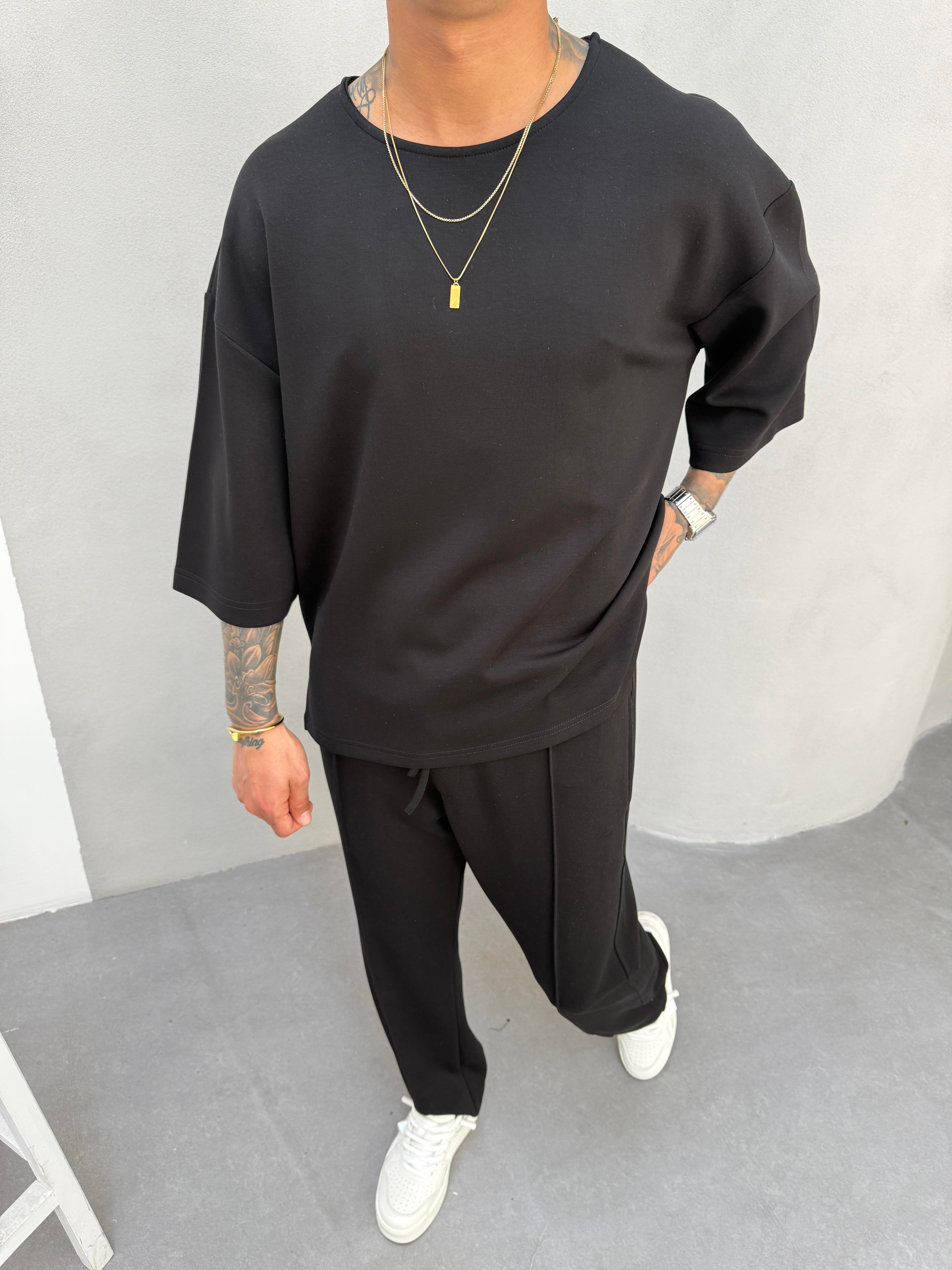 Erkek Basic Dokulu Oversize T-Shirt - Siyah