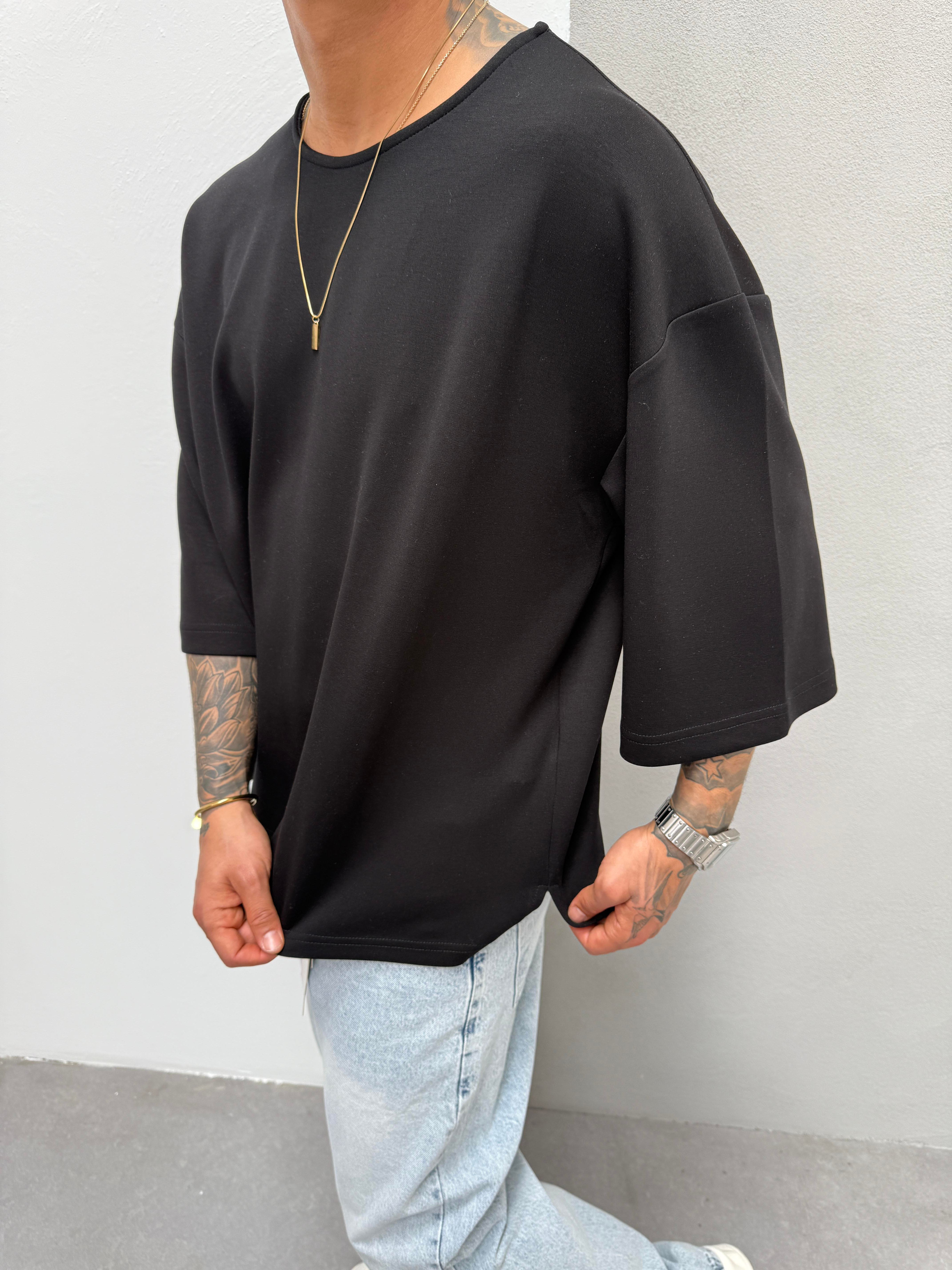 Erkek Basic Dokulu Oversize T-Shirt - Siyah