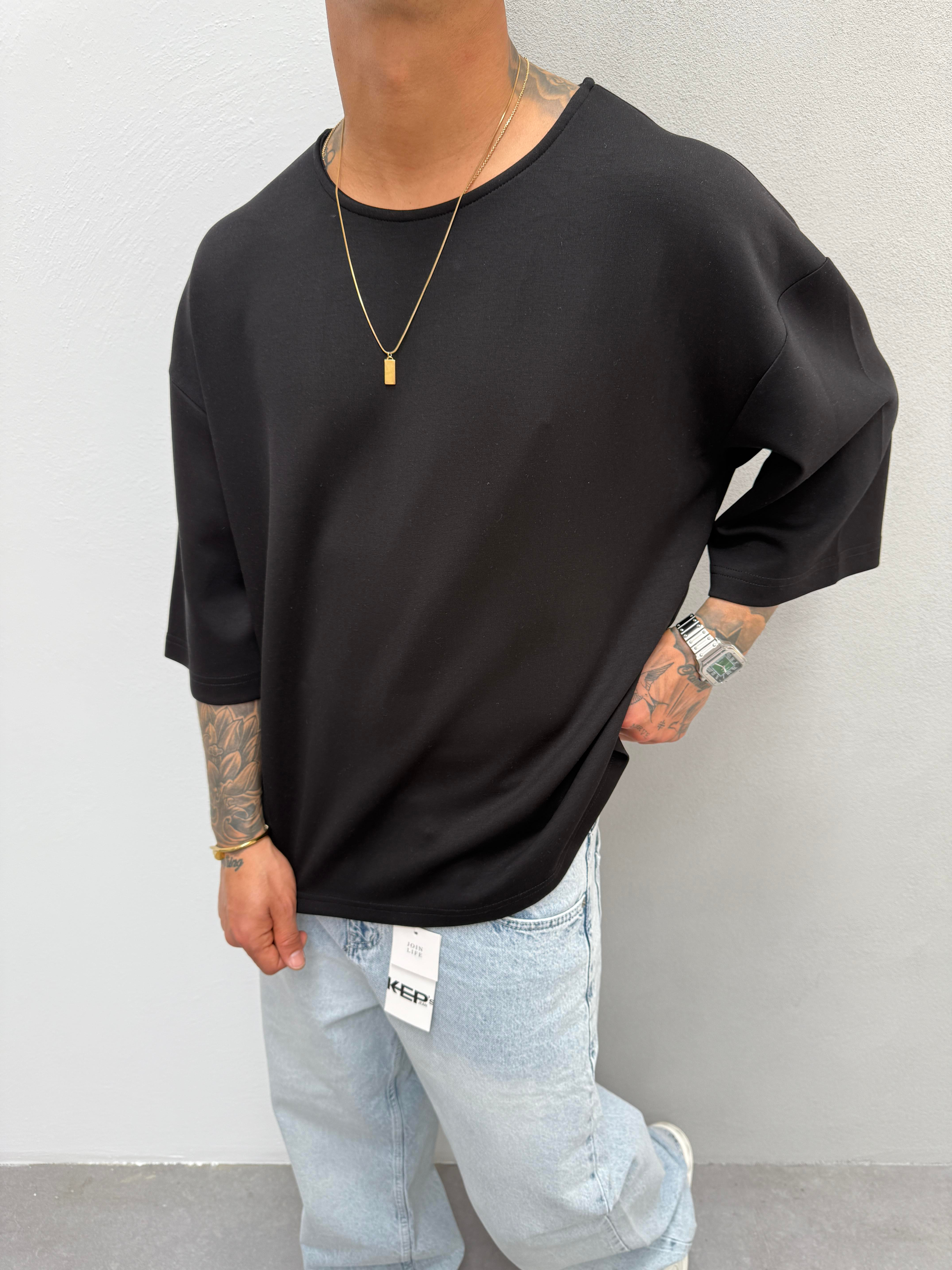 Erkek Basic Dokulu Oversize T-Shirt - Siyah