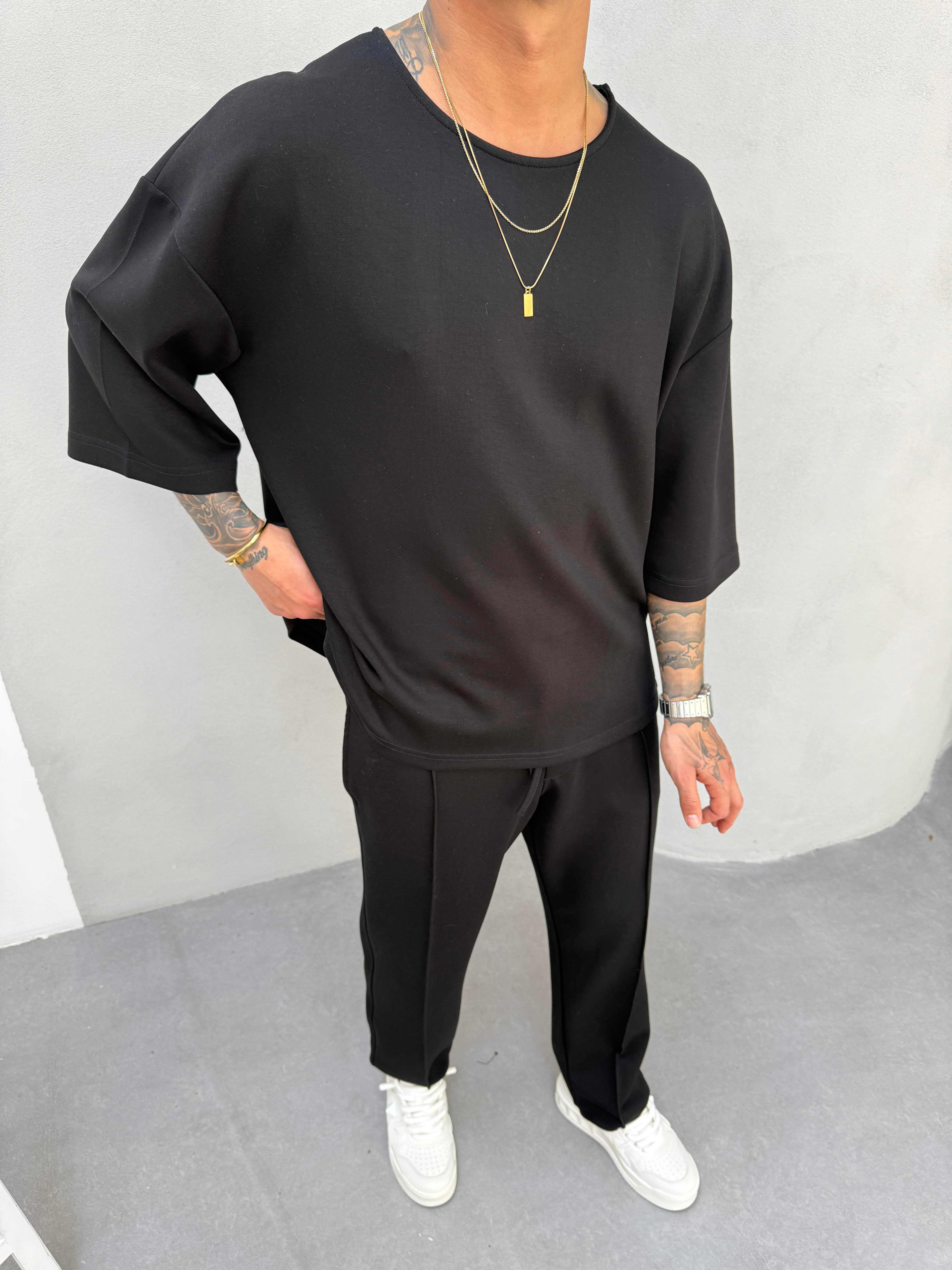 Erkek Basic Dokulu Oversize T-Shirt - Siyah