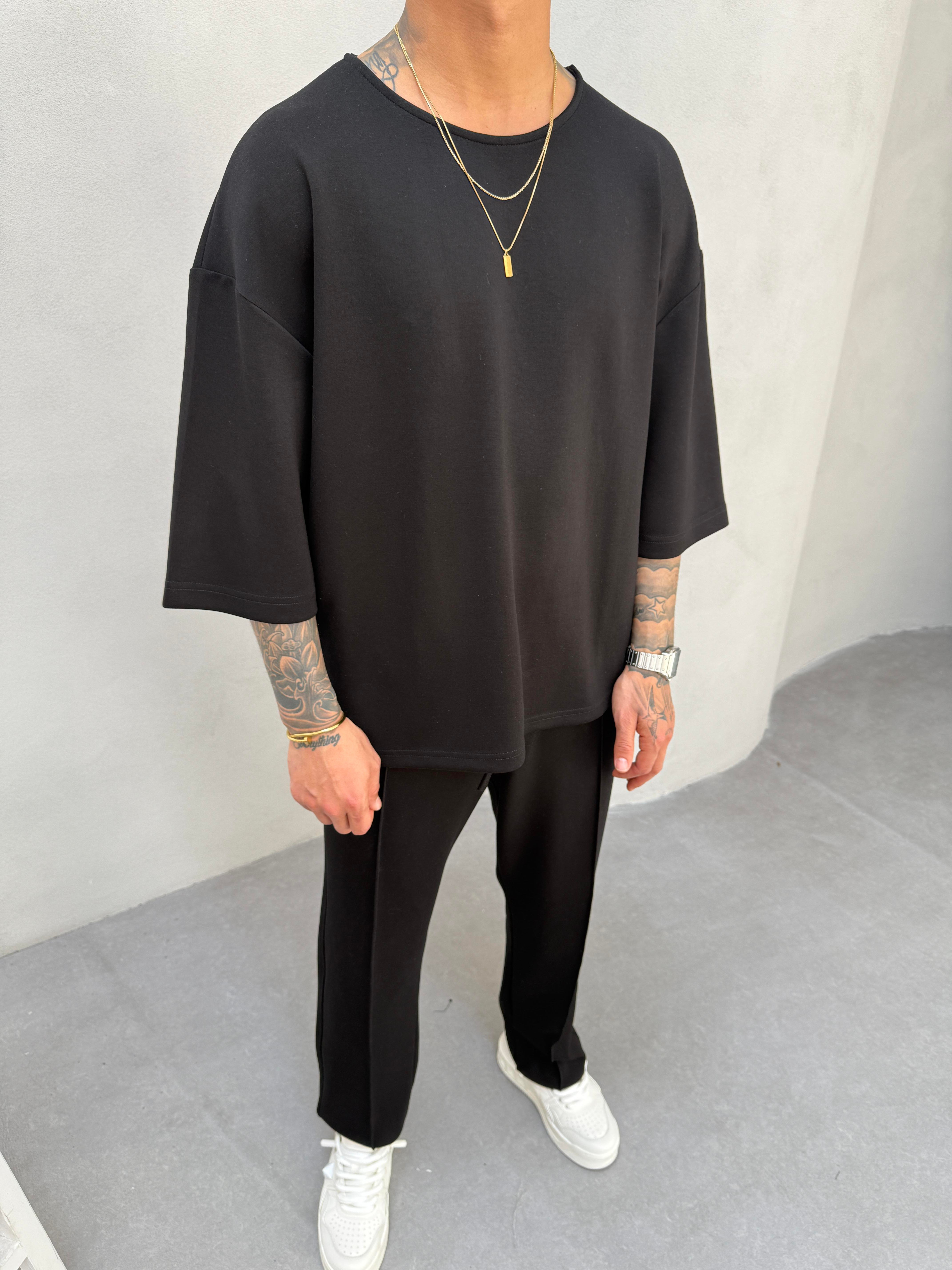 Erkek Basic Dokulu Oversize T-Shirt - Siyah