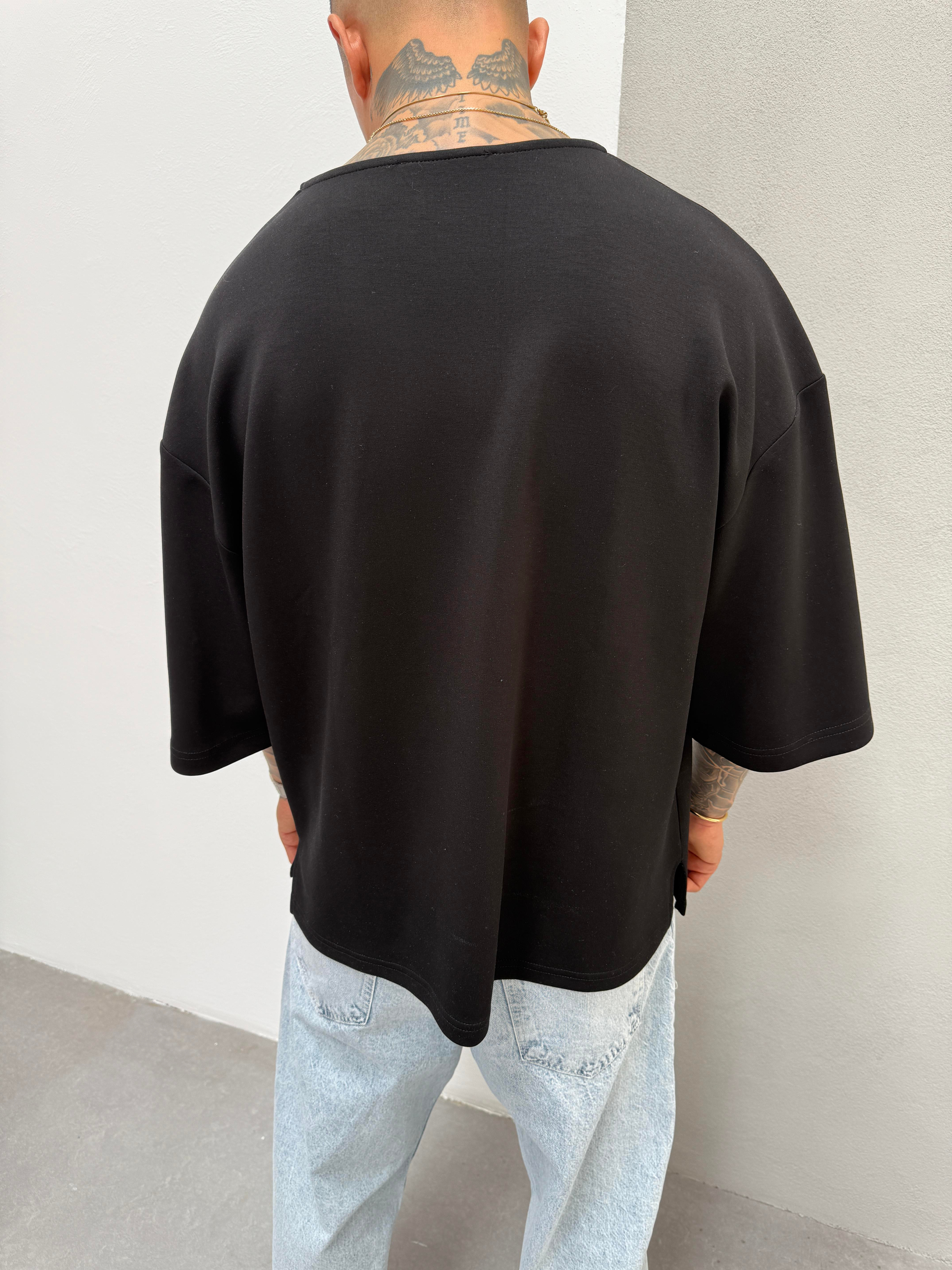 Erkek Basic Dokulu Oversize T-Shirt - Siyah