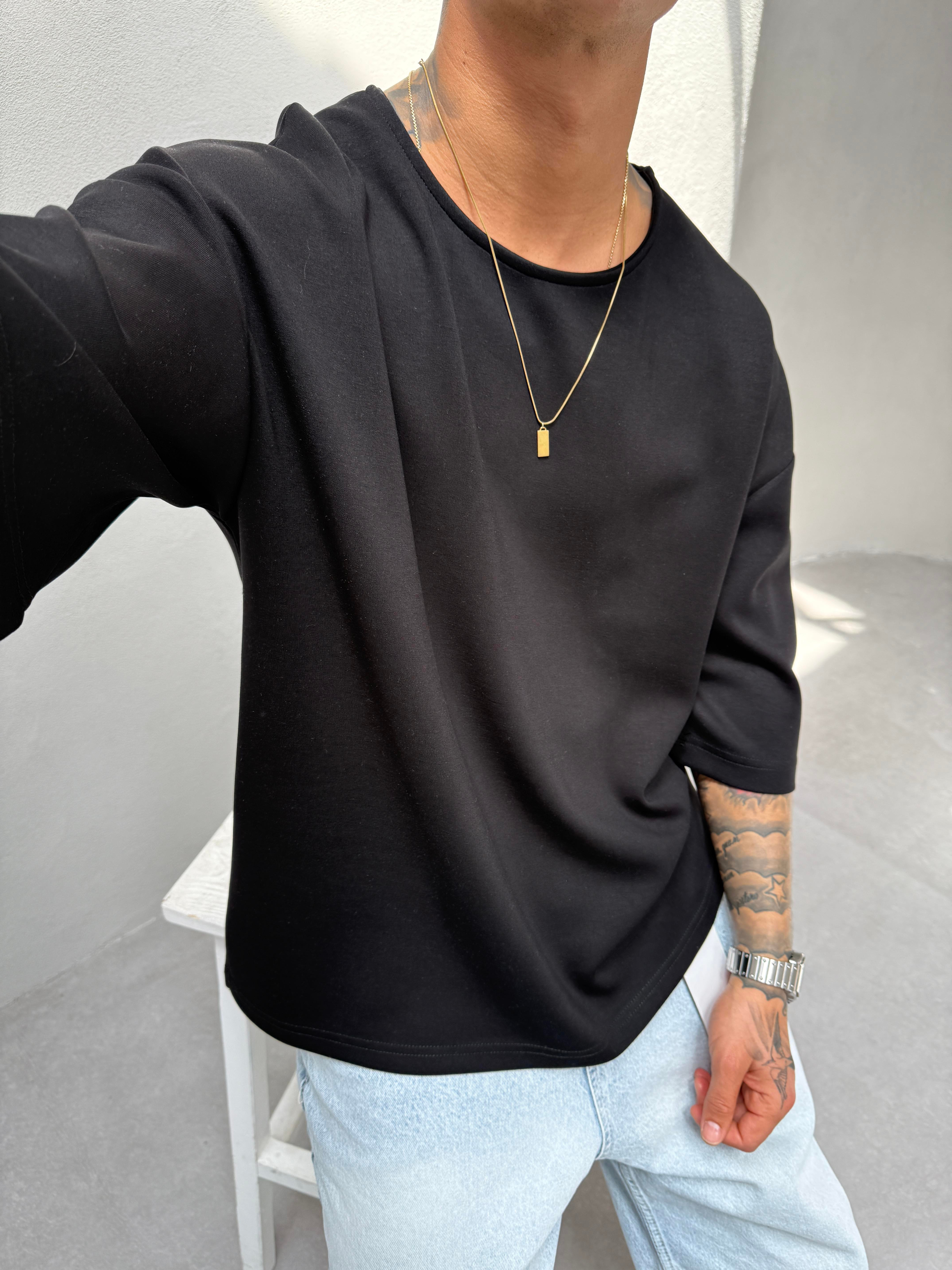 Erkek Basic Dokulu Oversize T-Shirt - Siyah