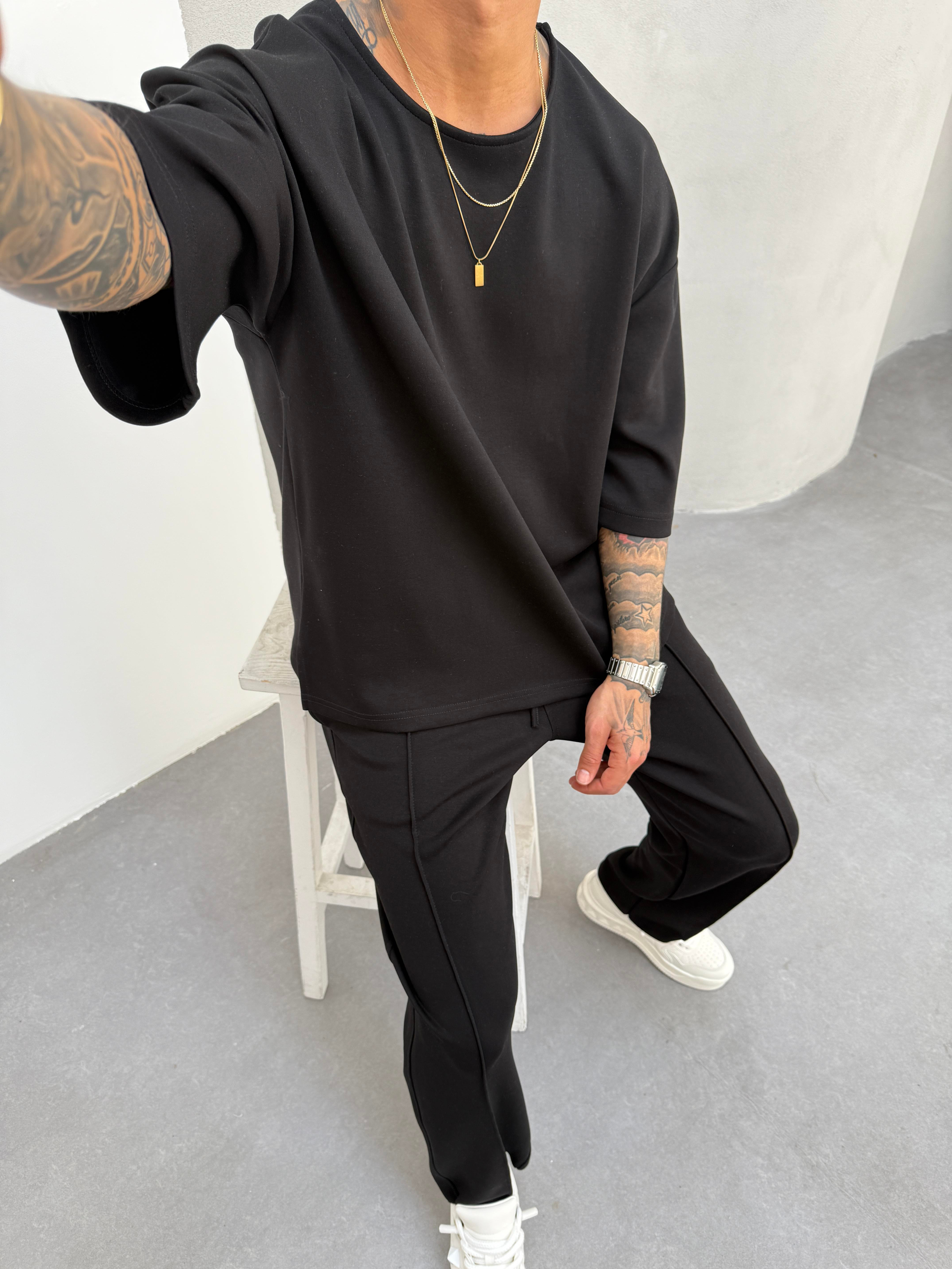 Erkek Basic Dokulu Oversize T-Shirt - Siyah