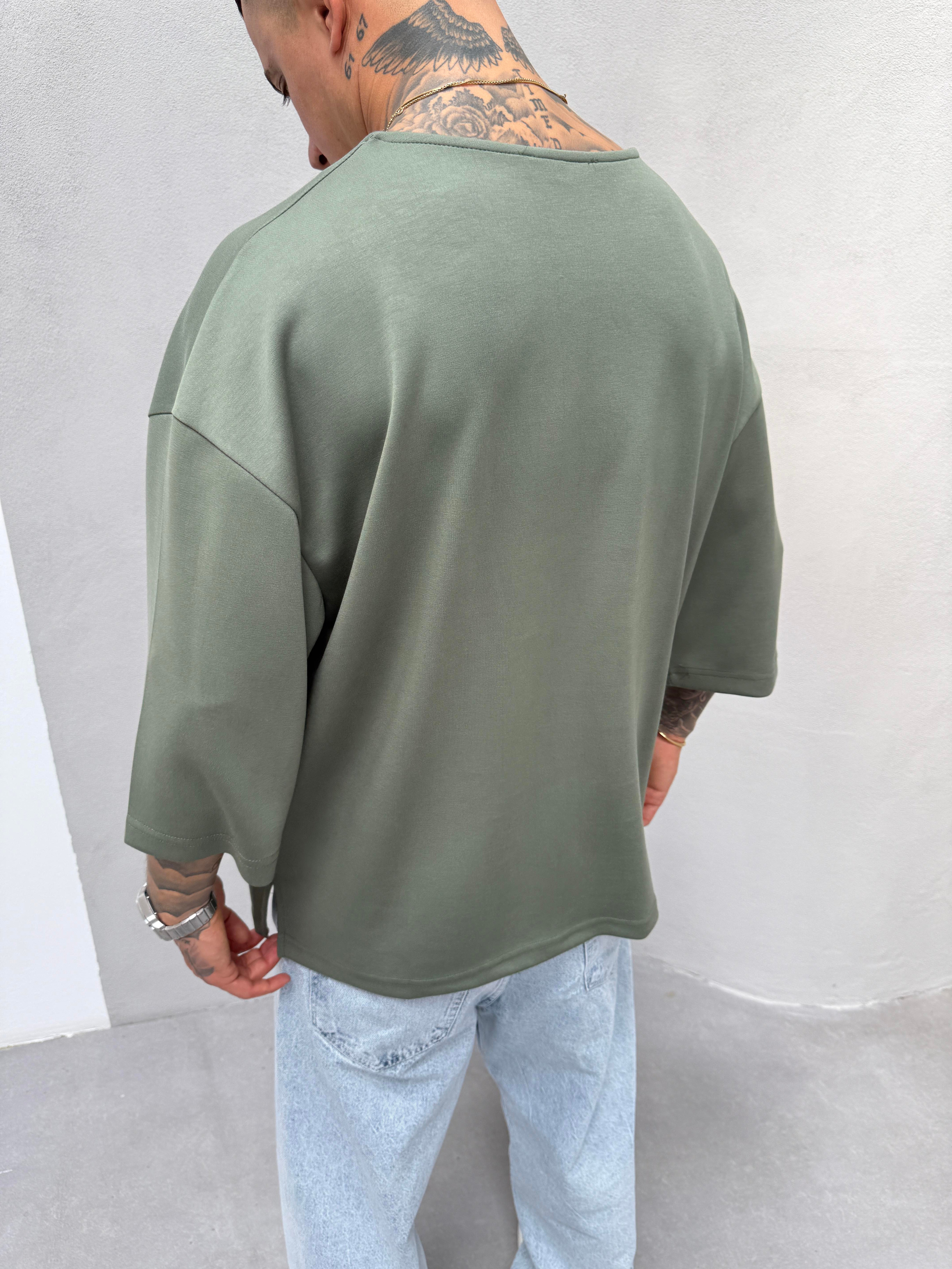 Erkek Basic Dokulu Oversize T-Shirt - Yeşil