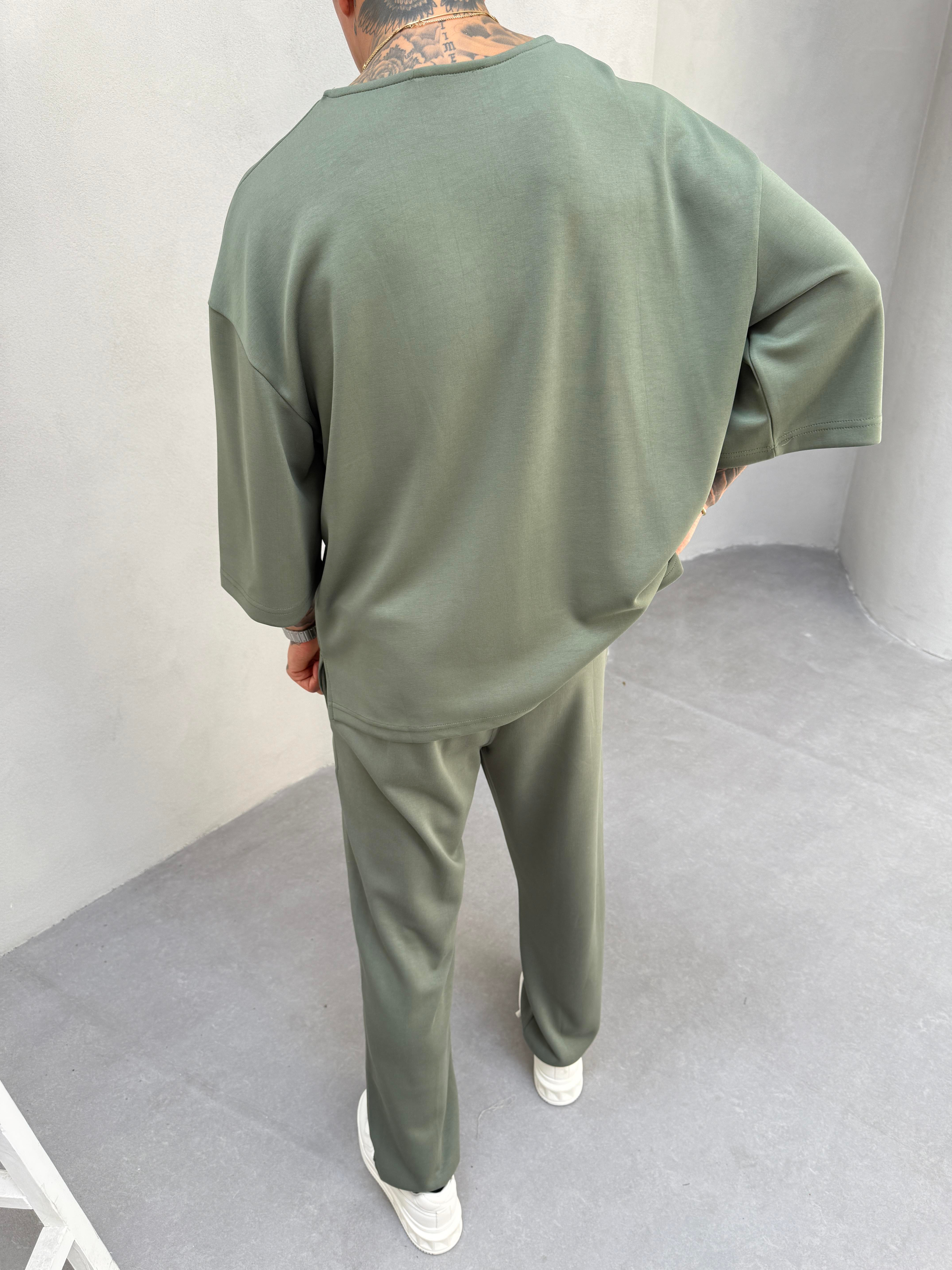 Erkek Basic Dokulu Oversize T-Shirt - Yeşil