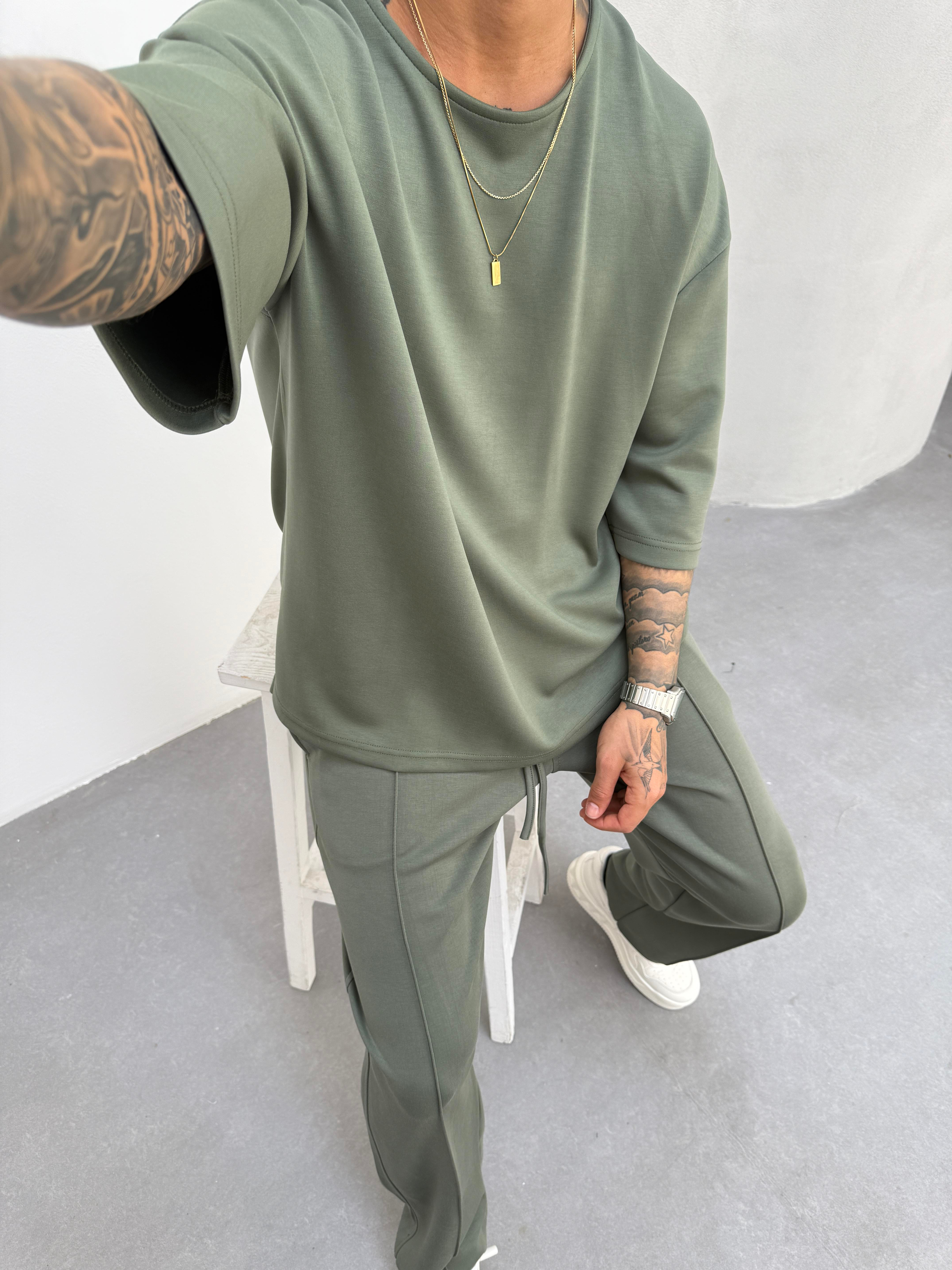 Erkek Basic Dokulu Oversize T-Shirt - Yeşil