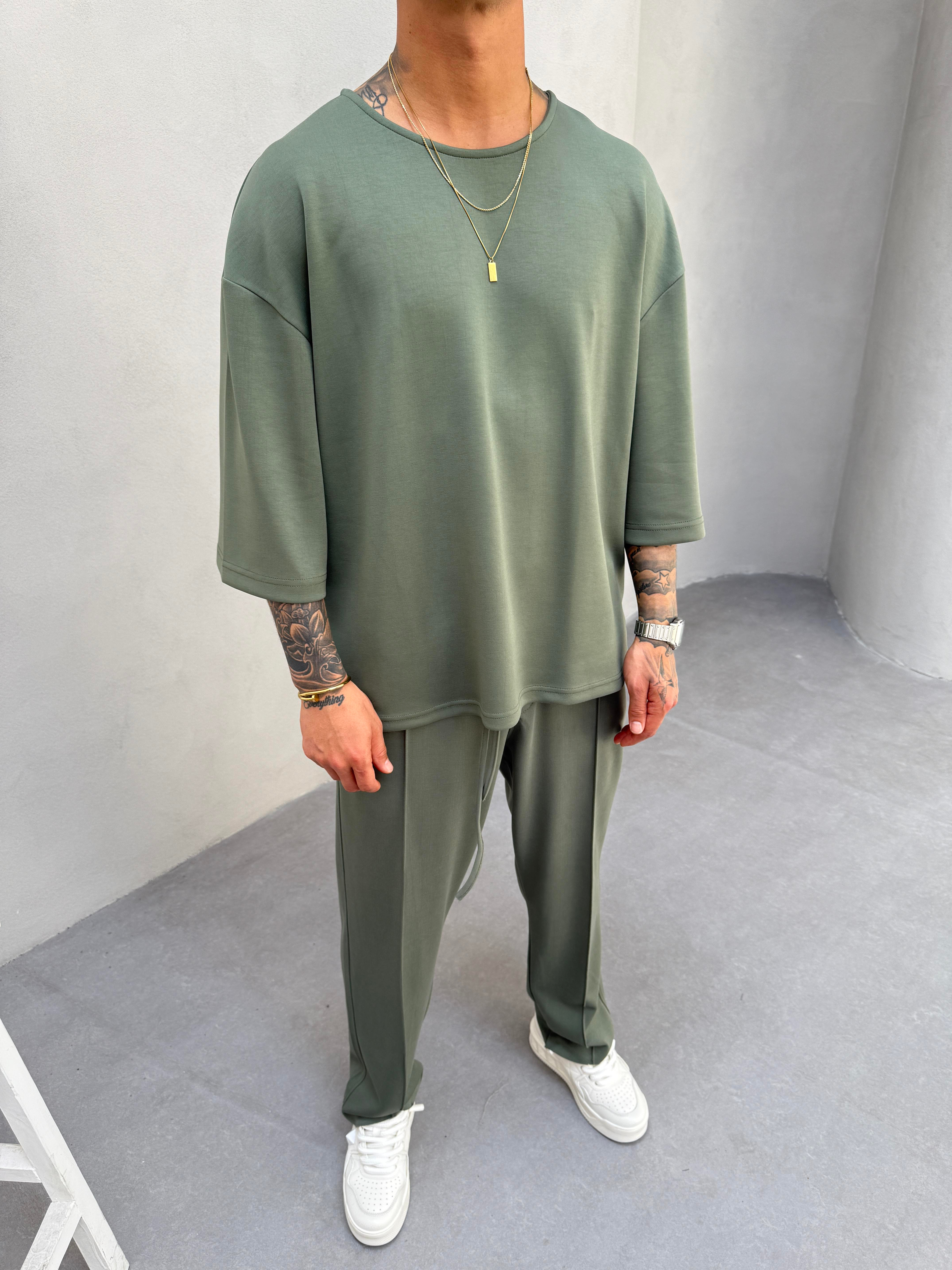 Erkek Basic Dokulu Oversize T-Shirt - Yeşil