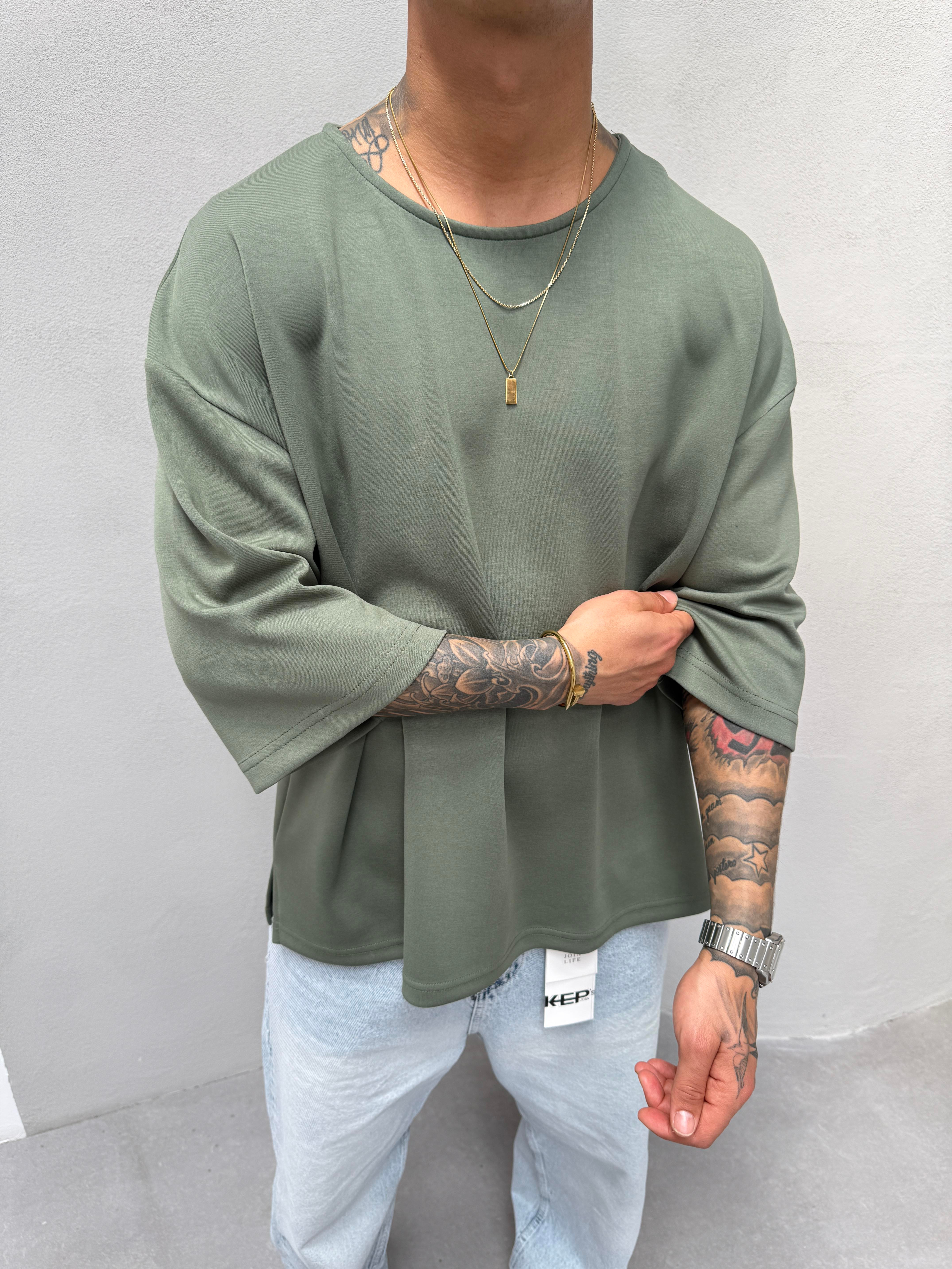 Erkek Basic Dokulu Oversize T-Shirt - Yeşil