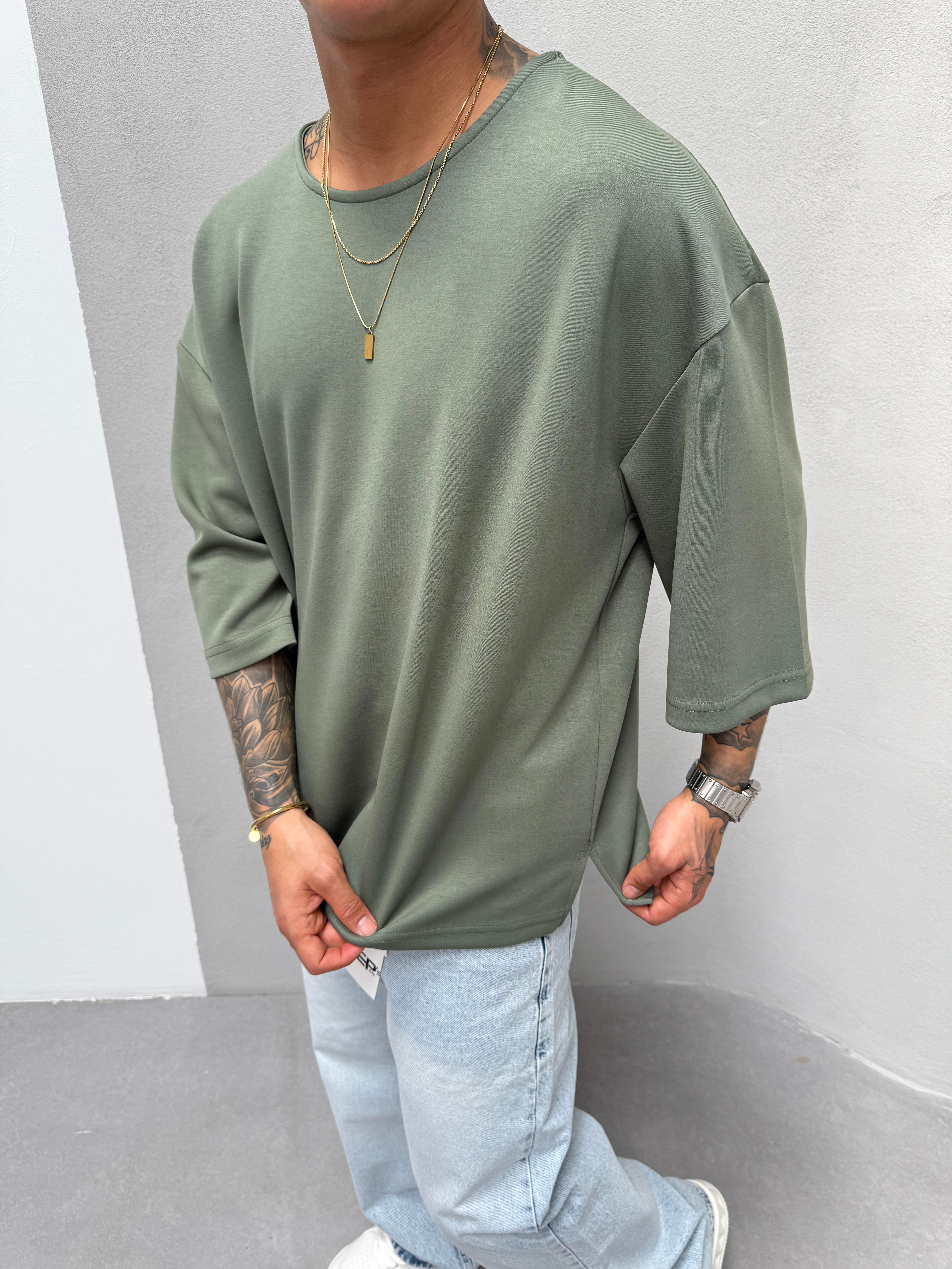 Erkek Basic Dokulu Oversize T-Shirt - Yeşil