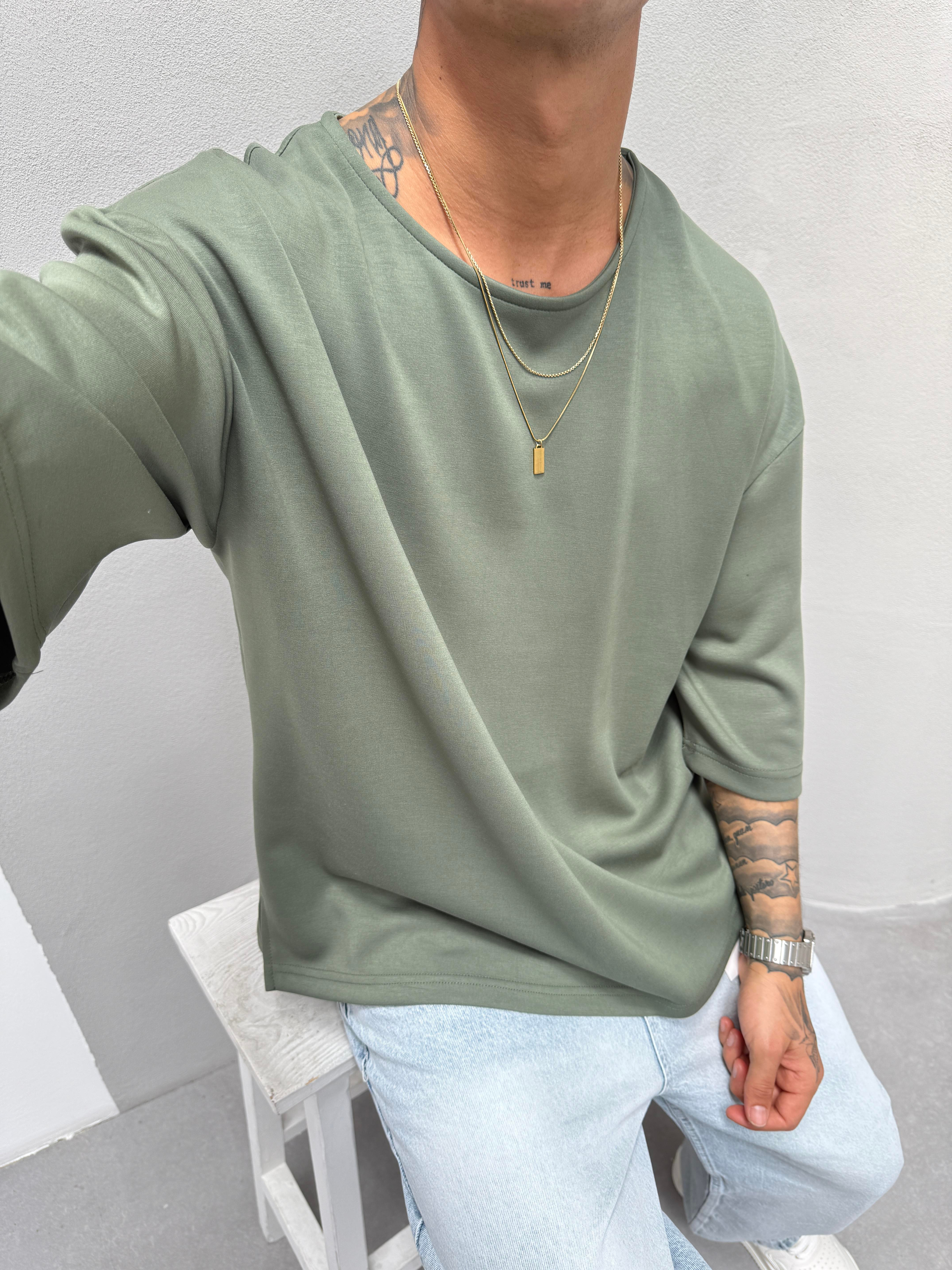 Erkek Basic Dokulu Oversize T-Shirt - Yeşil