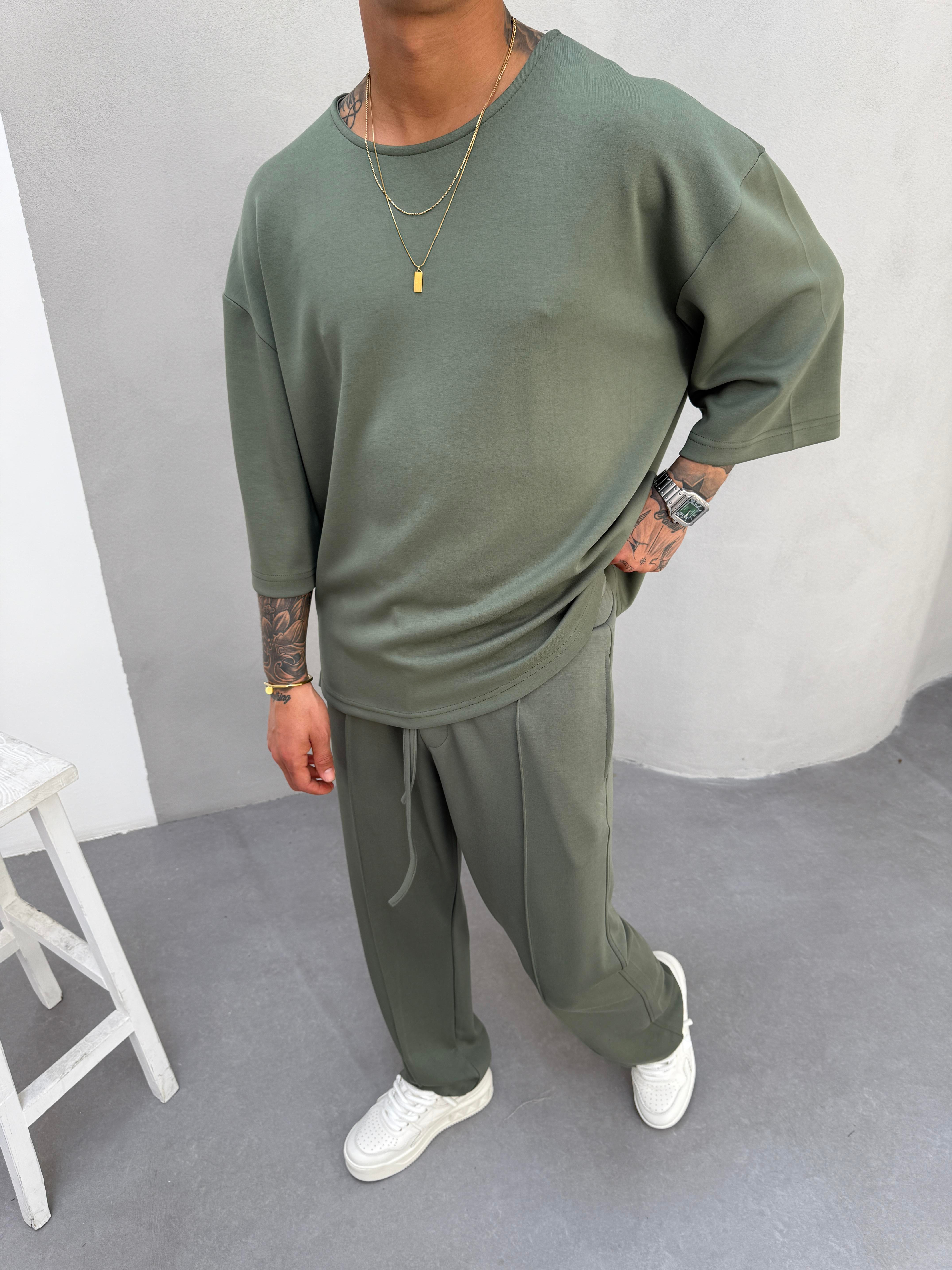 Erkek Basic Dokulu Oversize T-Shirt - Yeşil