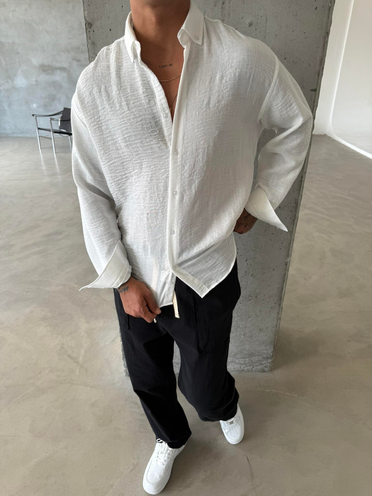 Erkek Basic Uzun Kollu Gömlek - Beyaz