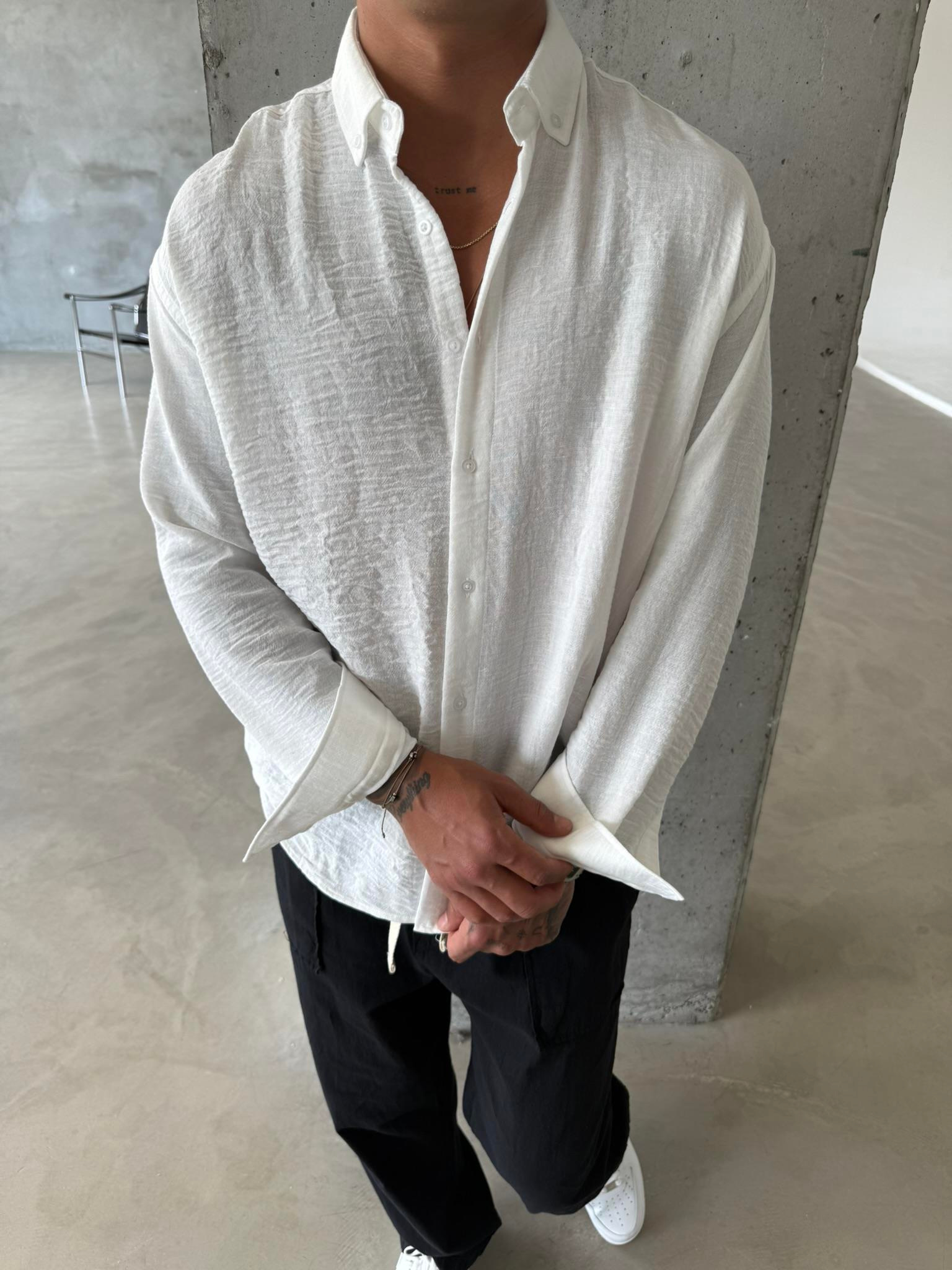 Erkek Basic Uzun Kollu Gömlek - Beyaz