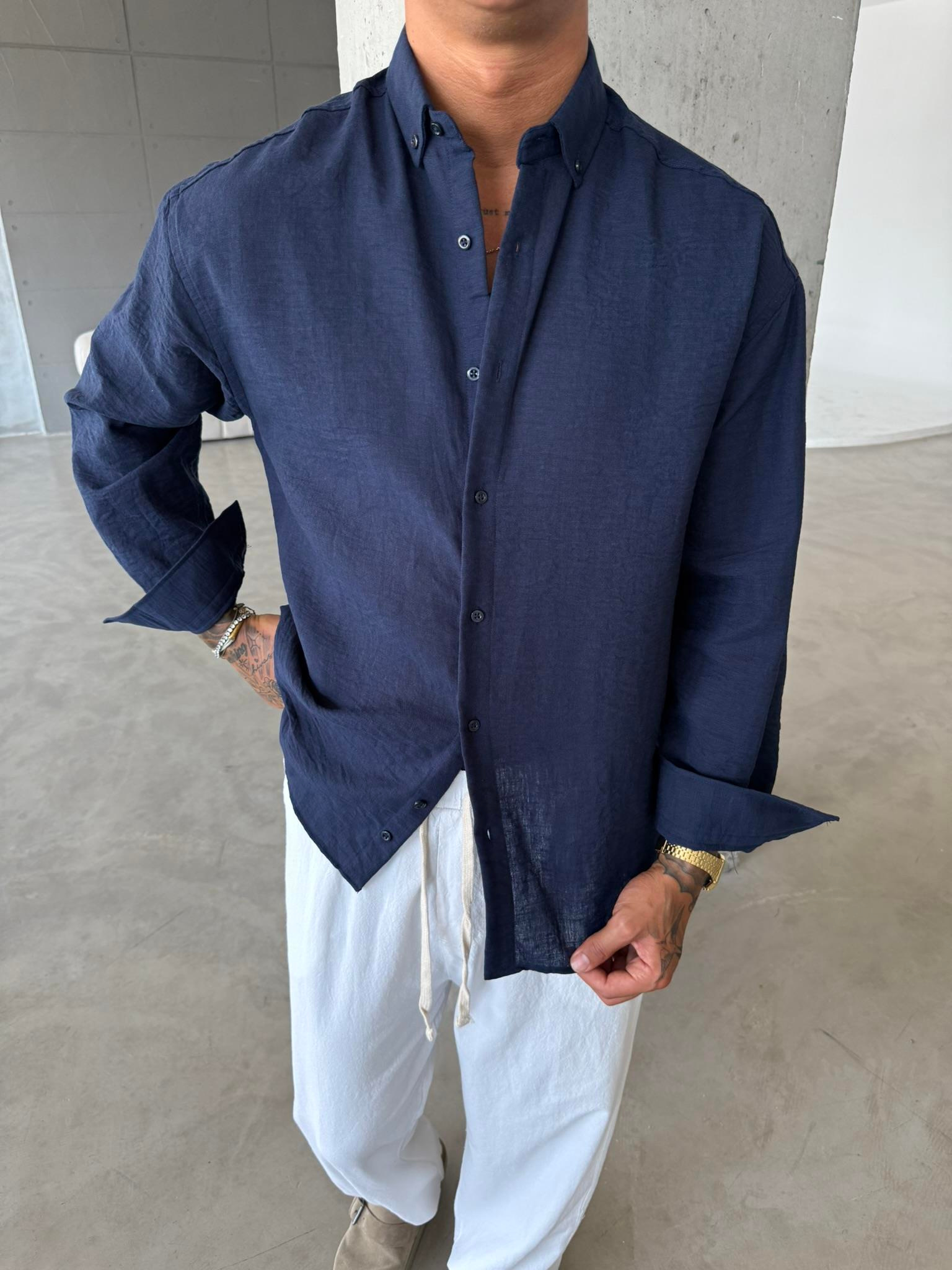 Erkek Basic Uzun Kollu Gömlek - Lacivert