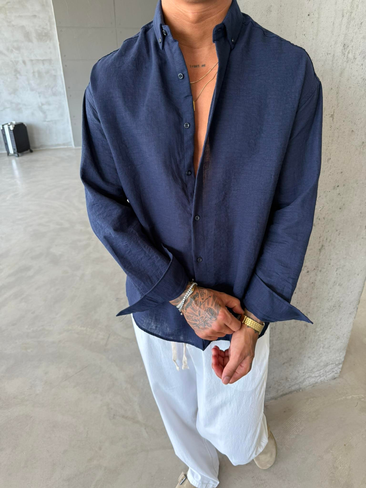 Erkek Basic Uzun Kollu Gömlek - Lacivert