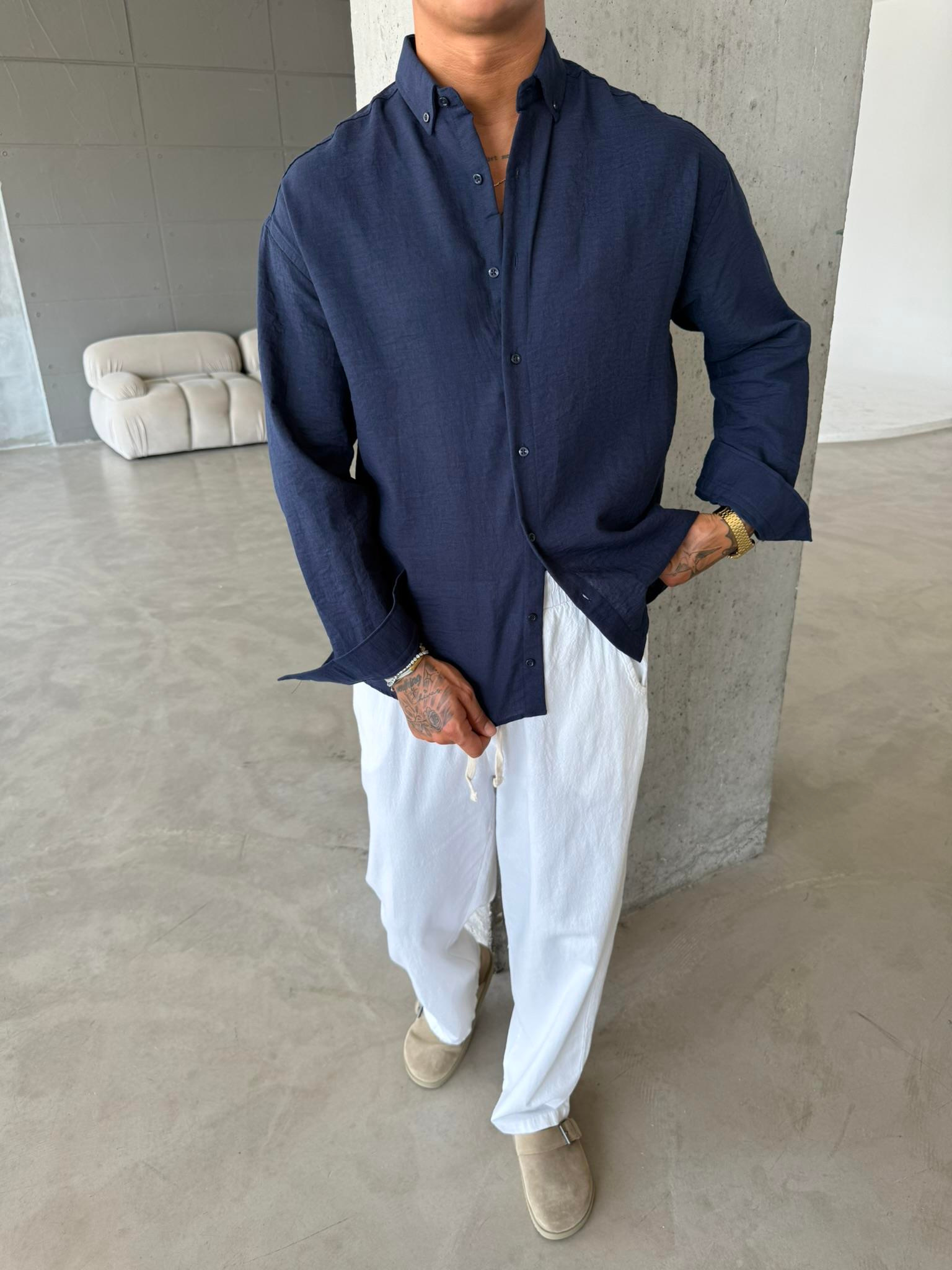 Erkek Basic Uzun Kollu Gömlek - Lacivert