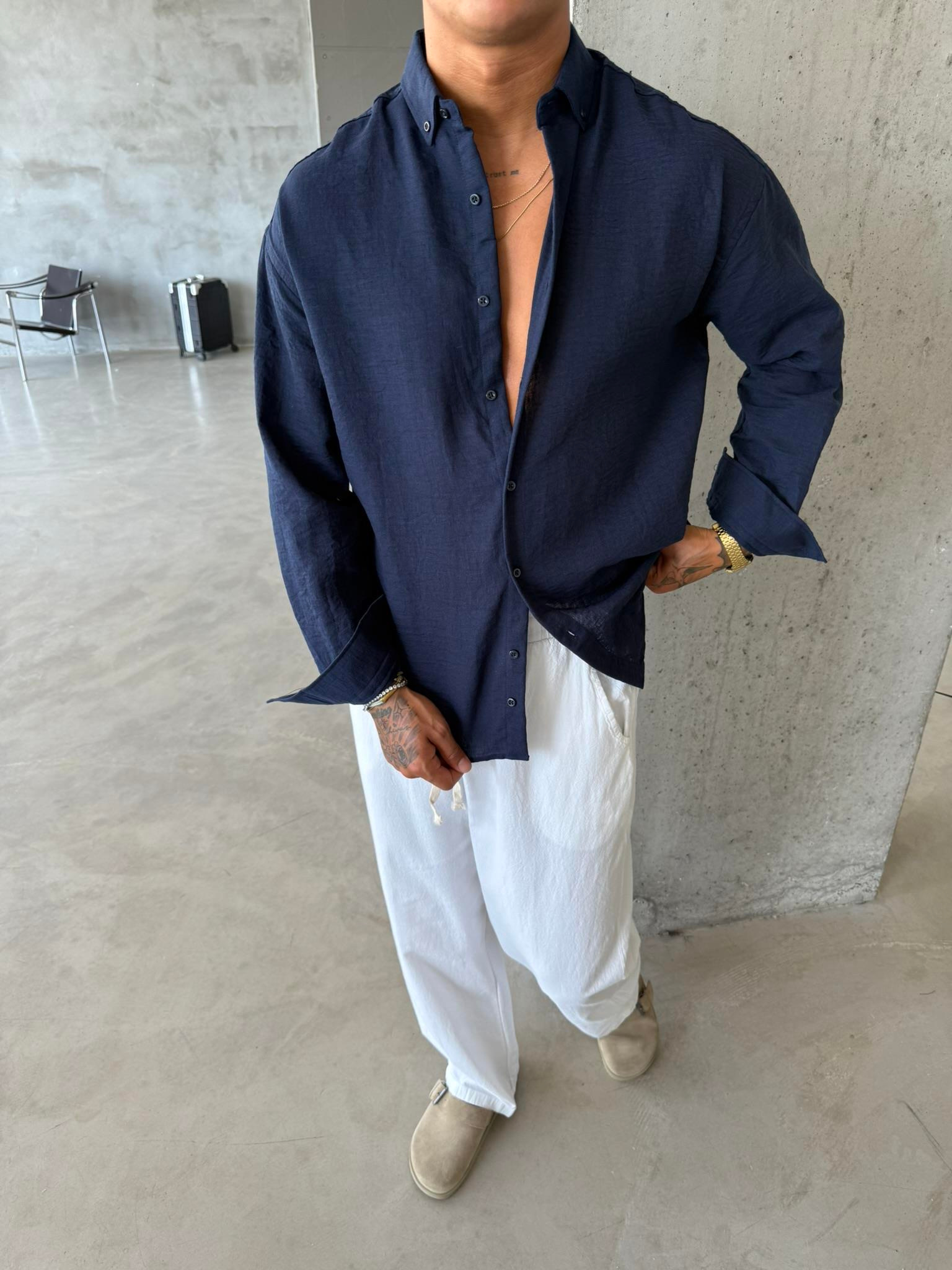 Erkek Basic Uzun Kollu Gömlek - Lacivert