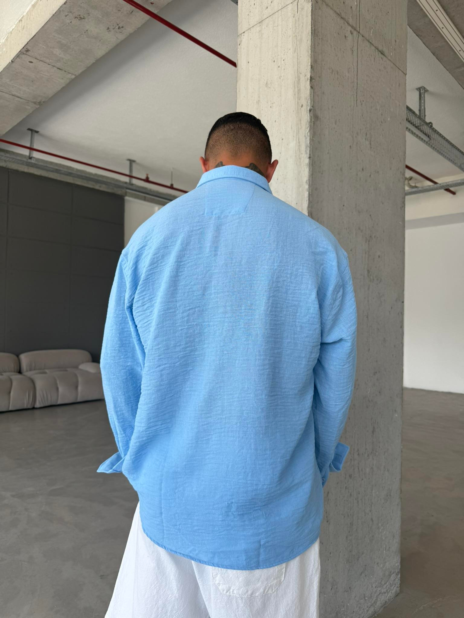 Erkek Basic Uzun Kollu Gömlek - Mavi