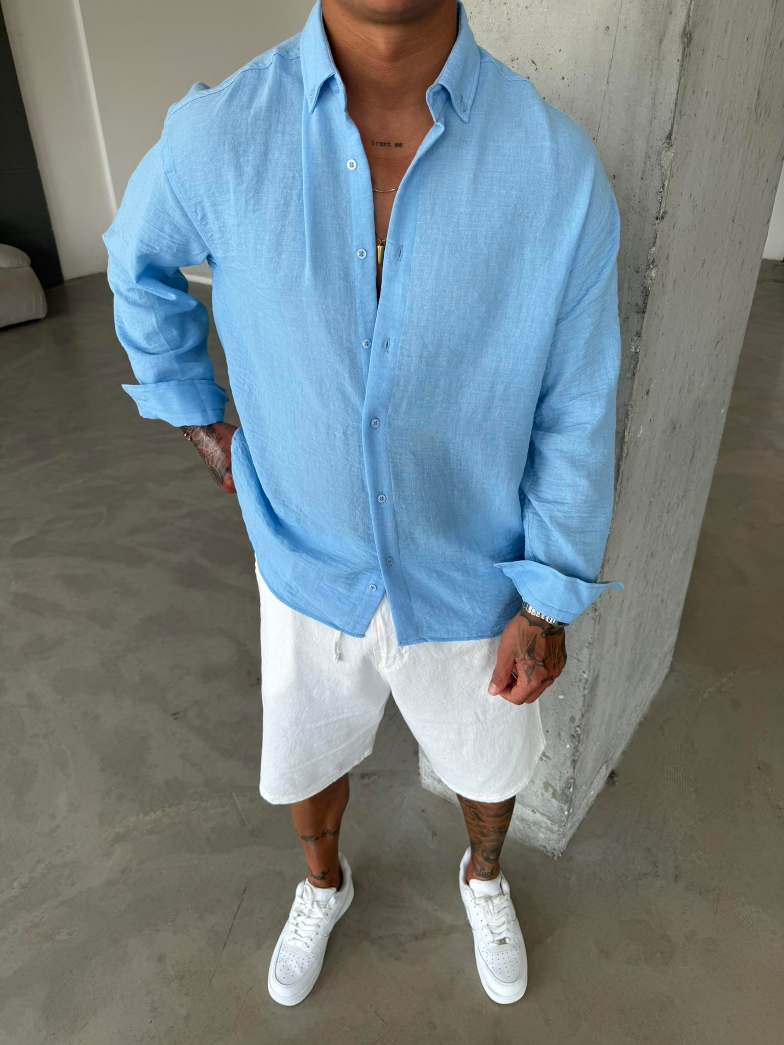 Erkek Basic Uzun Kollu Gömlek - Mavi