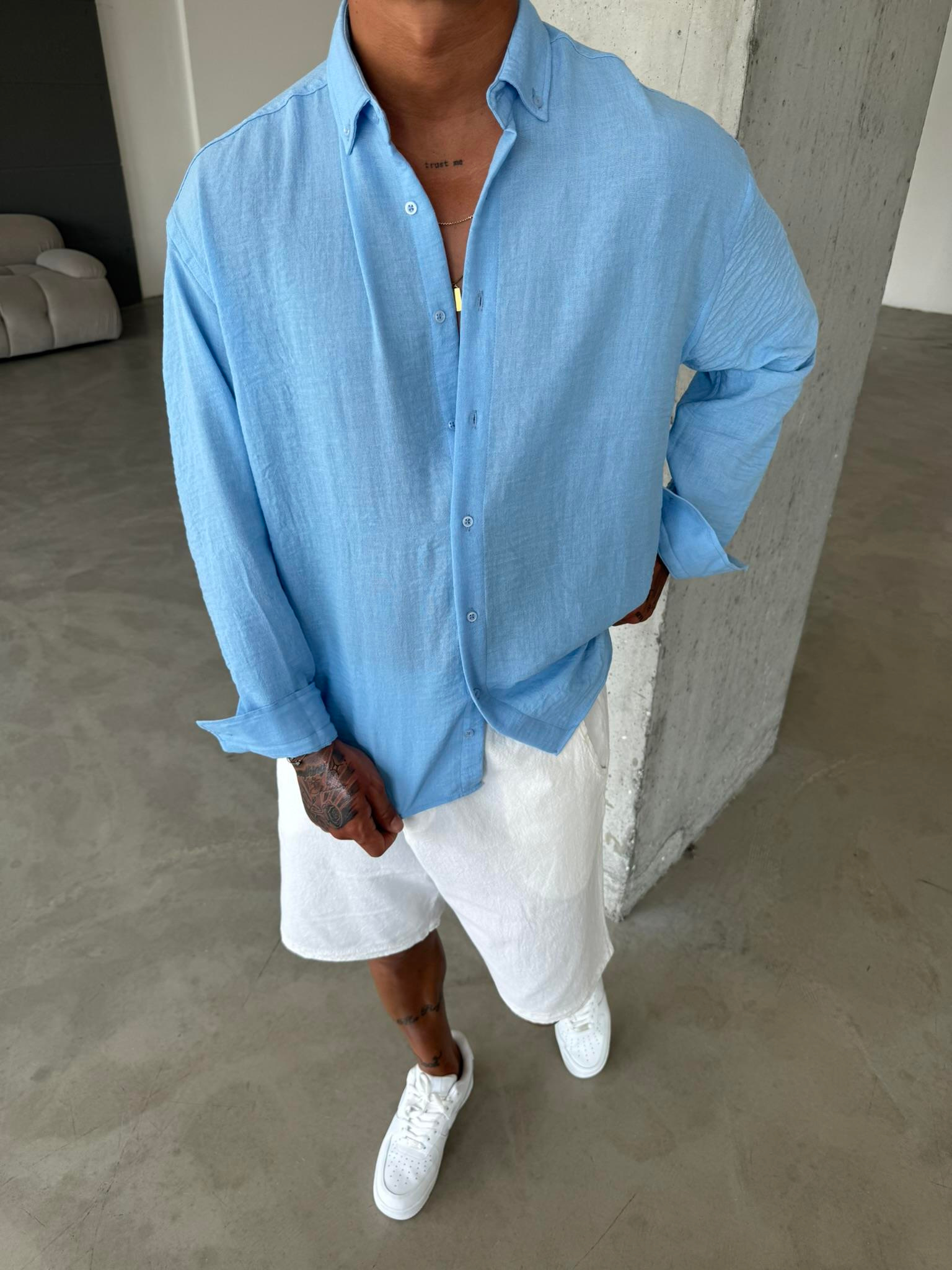 Erkek Basic Uzun Kollu Gömlek - Mavi