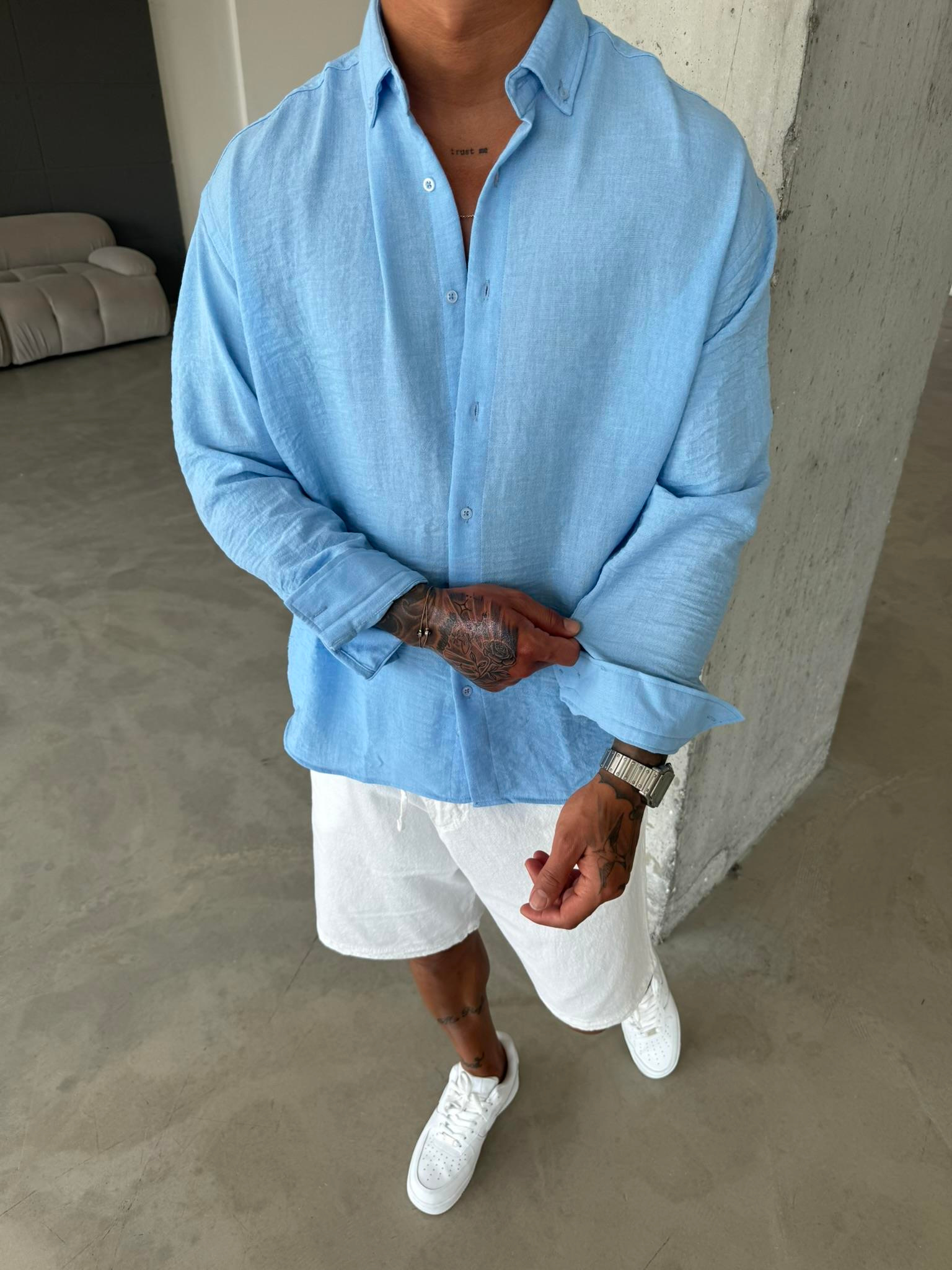 Erkek Basic Uzun Kollu Gömlek - Mavi