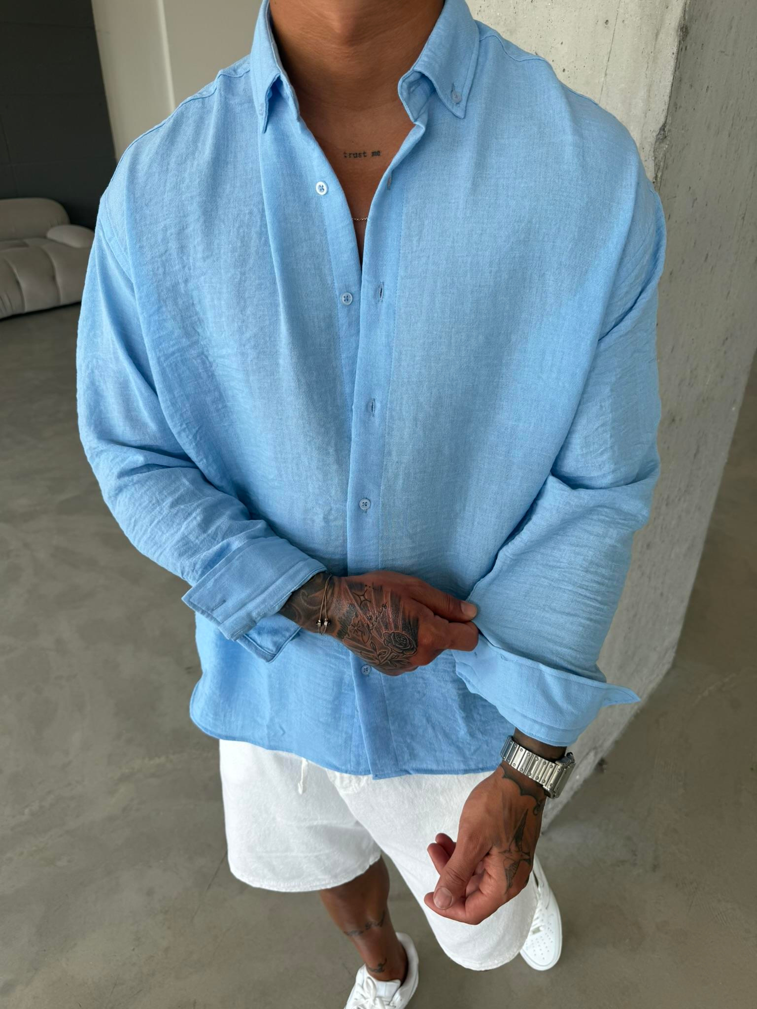 Erkek Basic Uzun Kollu Gömlek - Mavi