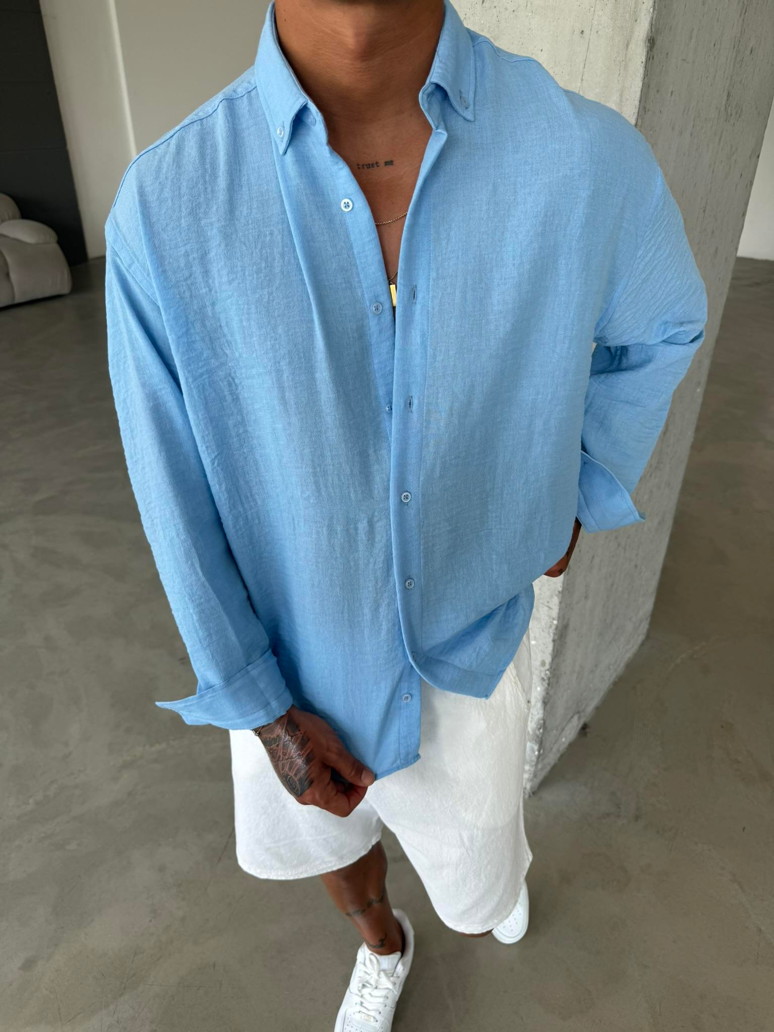 Erkek Basic Uzun Kollu Gömlek - Mavi