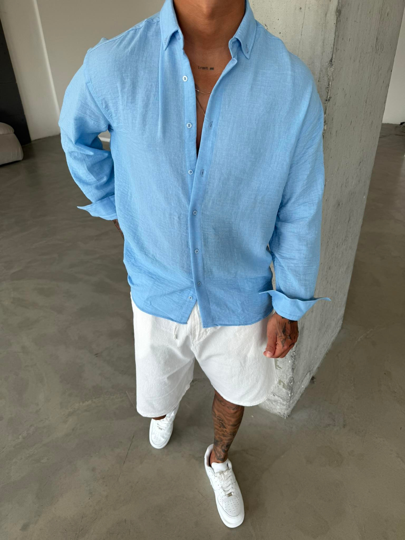 Erkek Basic Uzun Kollu Gömlek - Mavi