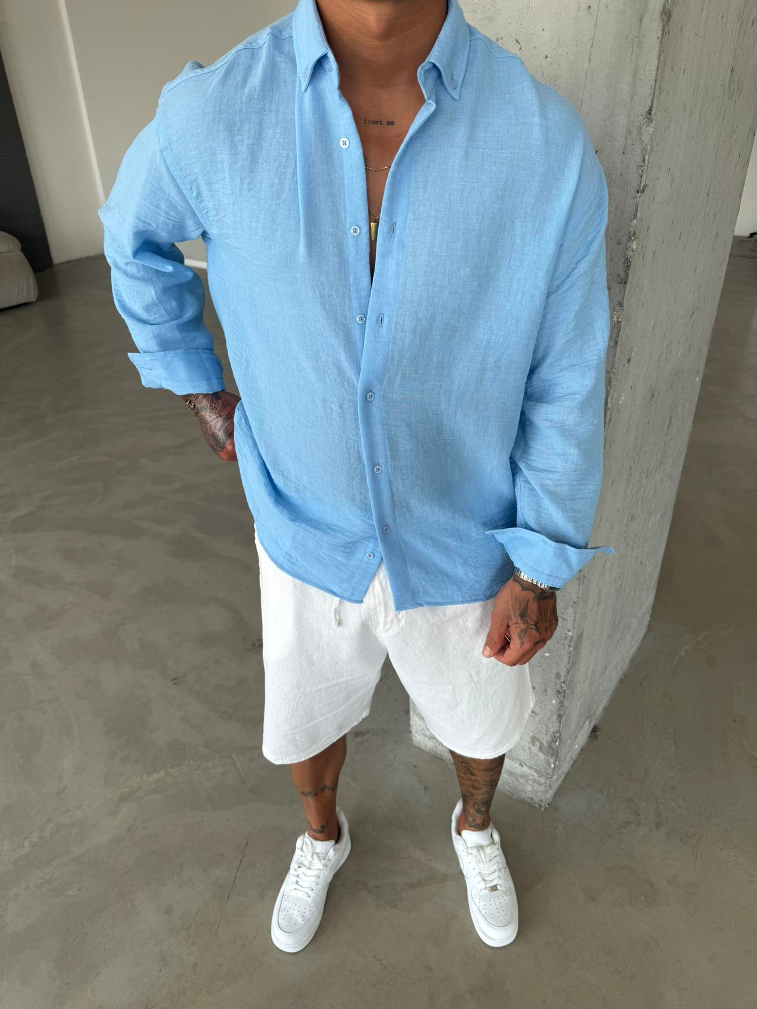 Erkek Basic Uzun Kollu Gömlek - Mavi