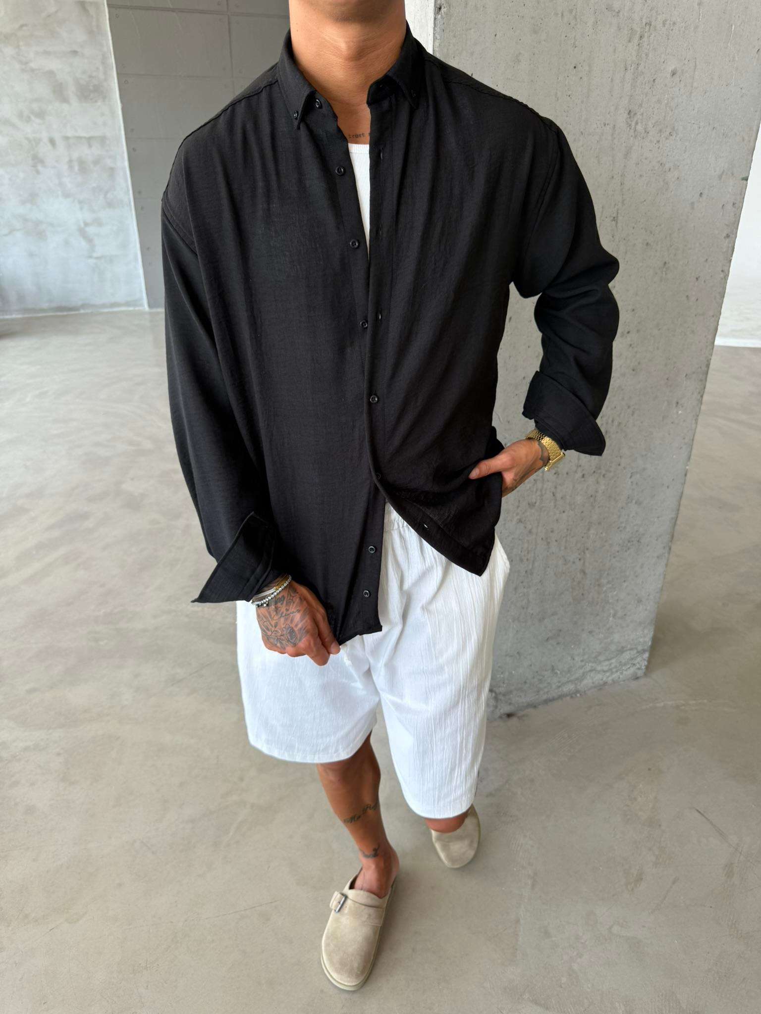 Erkek Basic Uzun Kollu Gömlek - Siyah