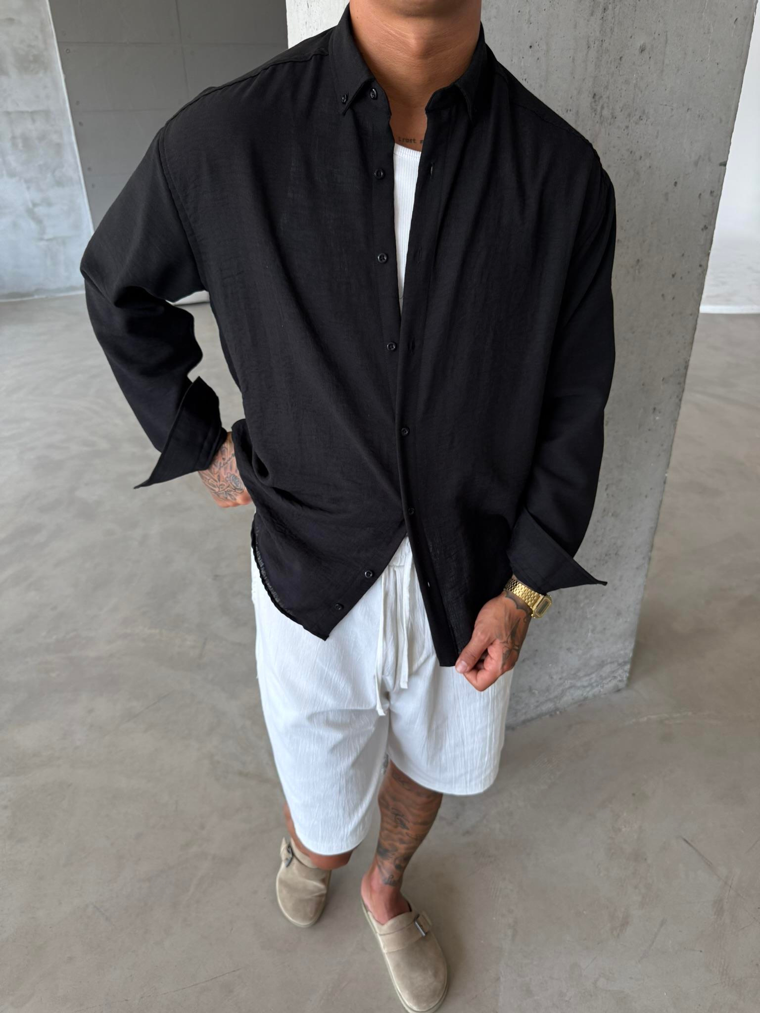 Erkek Basic Uzun Kollu Gömlek - Siyah