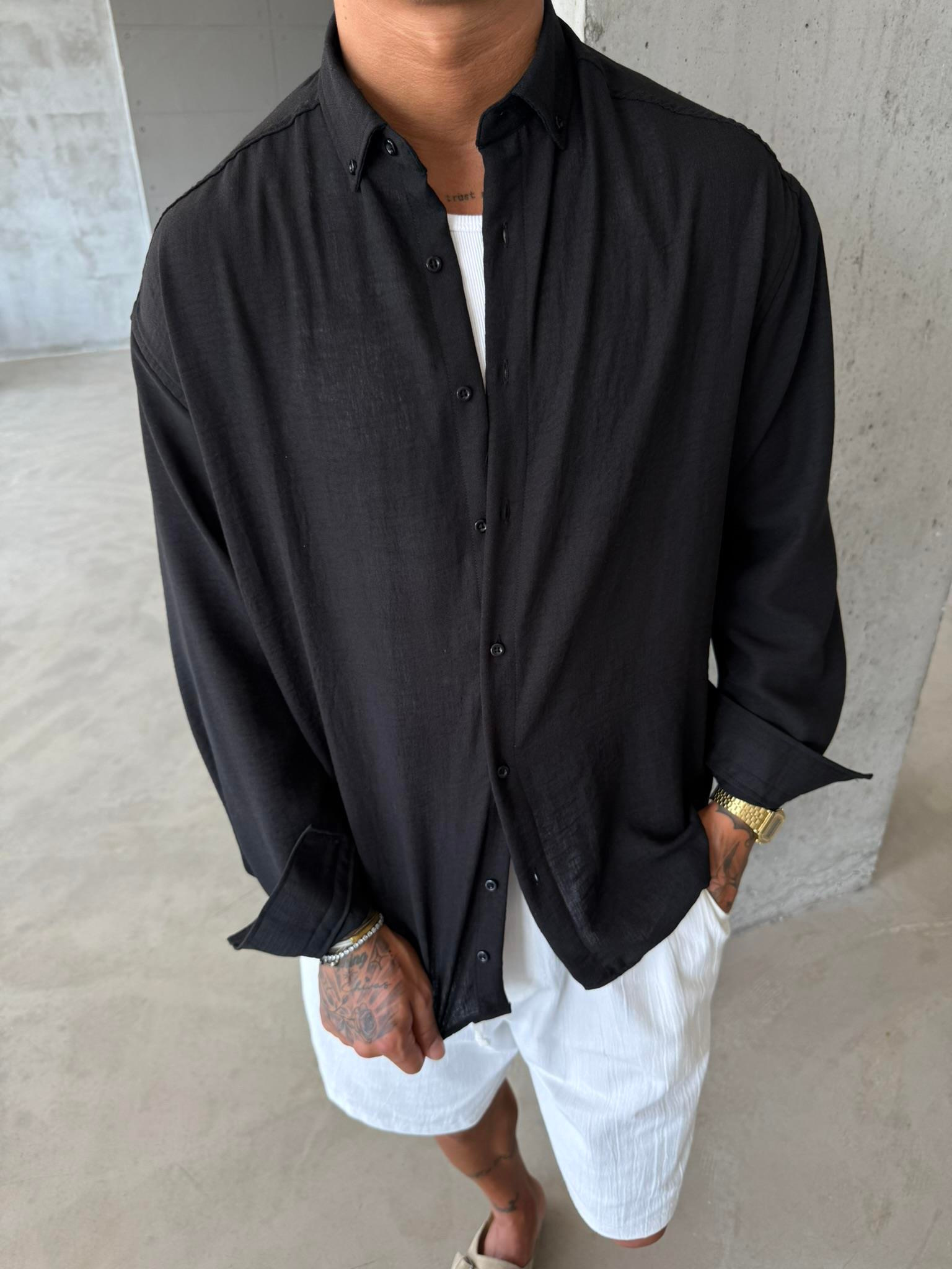 Erkek Basic Uzun Kollu Gömlek - Siyah