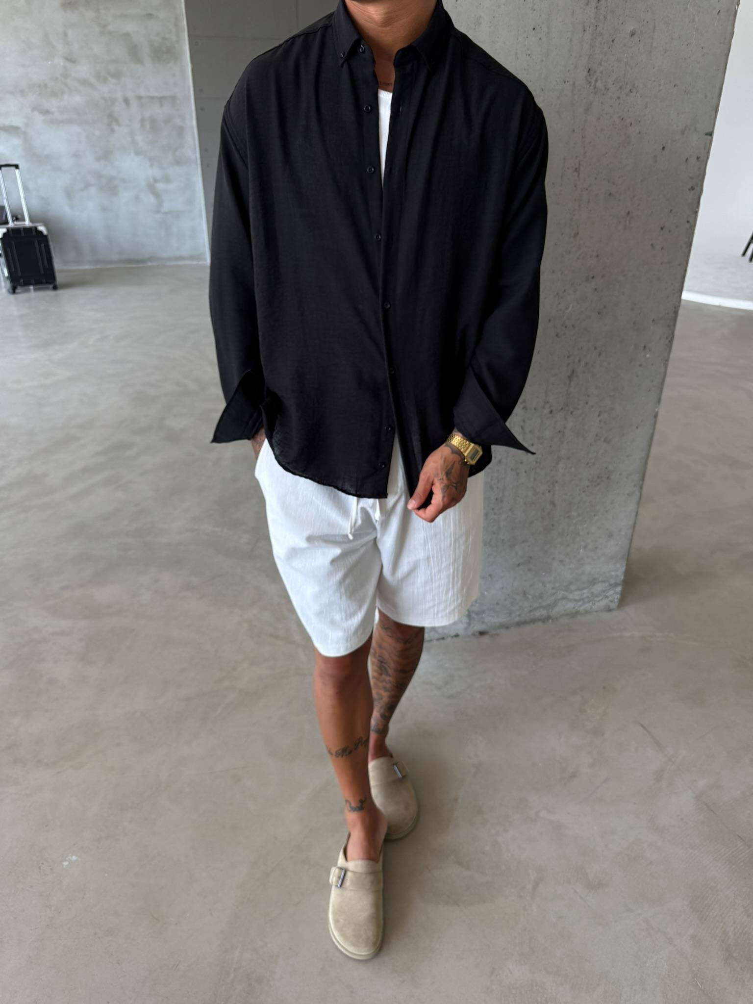 Erkek Basic Uzun Kollu Gömlek - Siyah