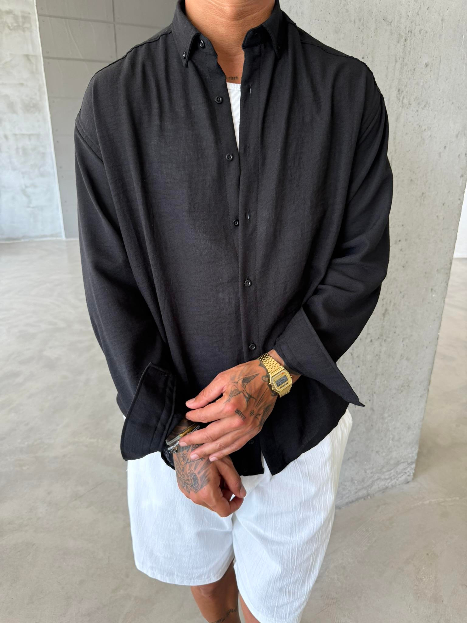 Erkek Basic Uzun Kollu Gömlek - Siyah