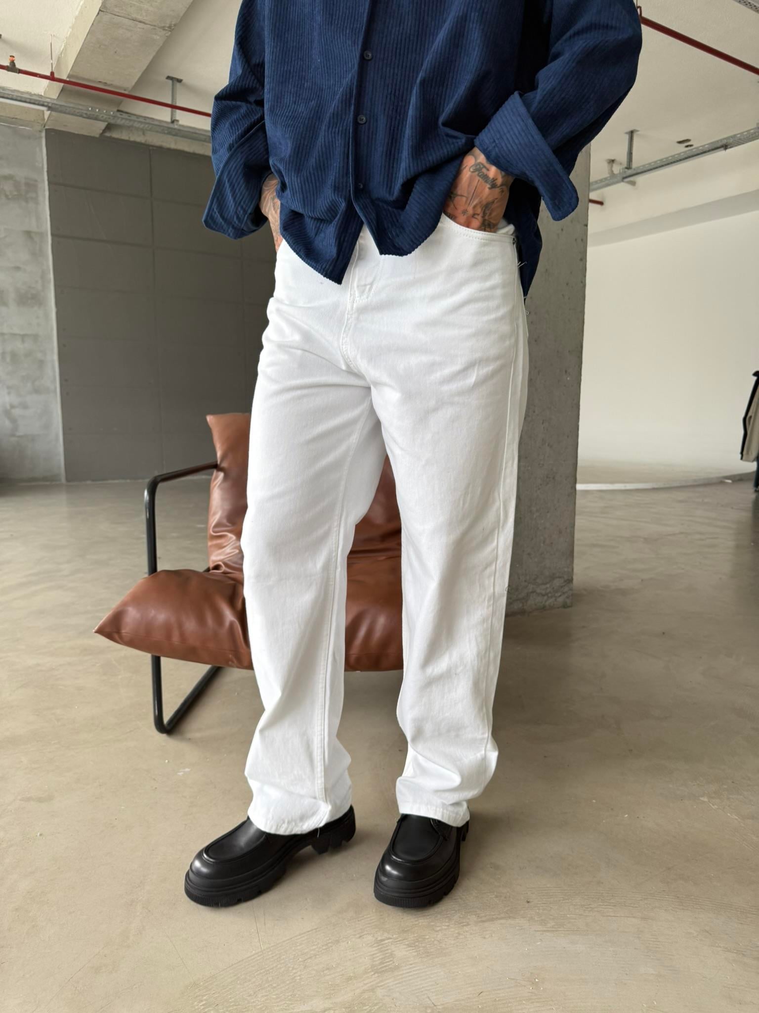 Erkek Düz Basic Baggy Pantolon - Beyaz