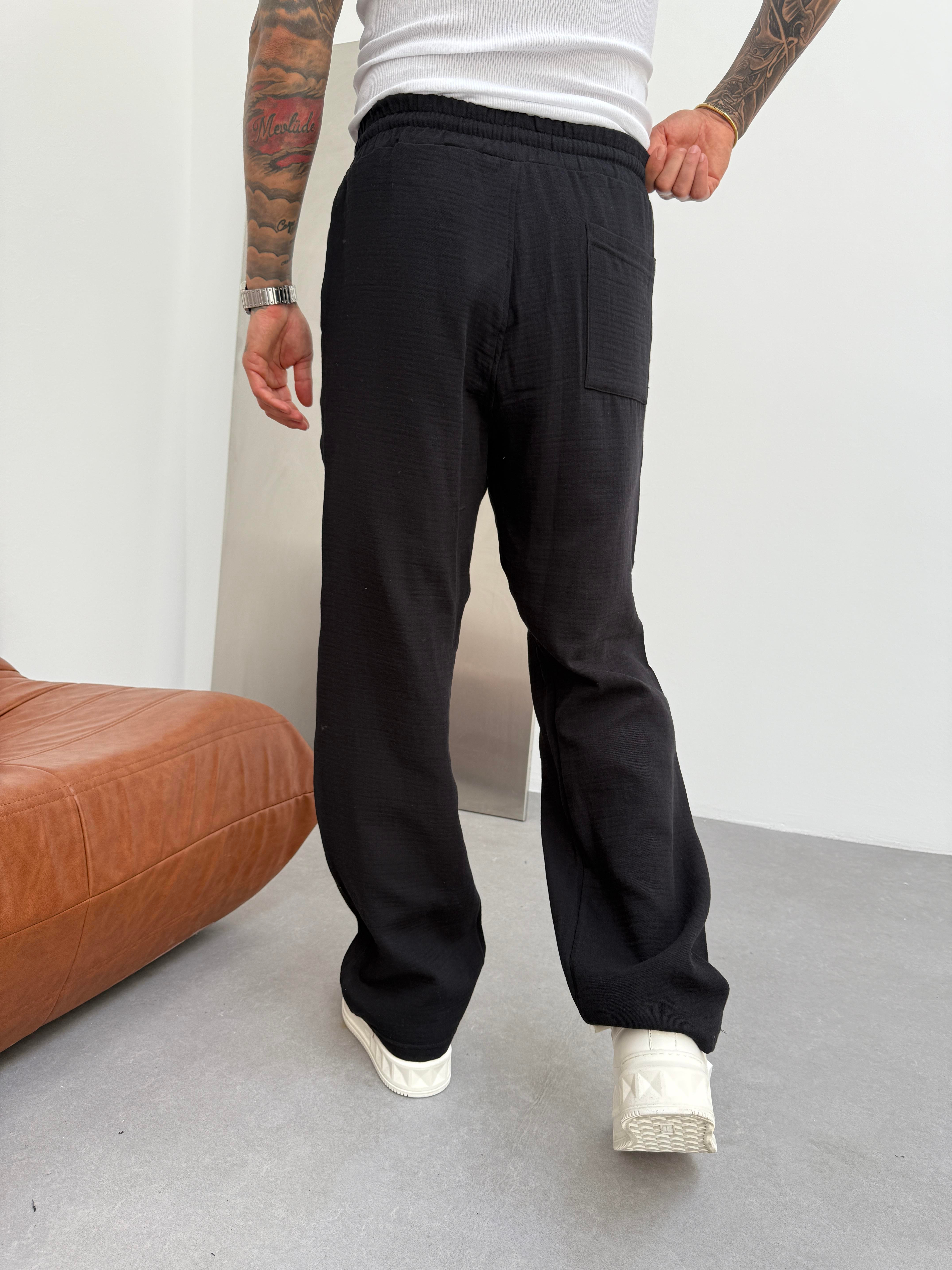 Erkek Müslin Kumaş Baggy Pantolon - Siyah