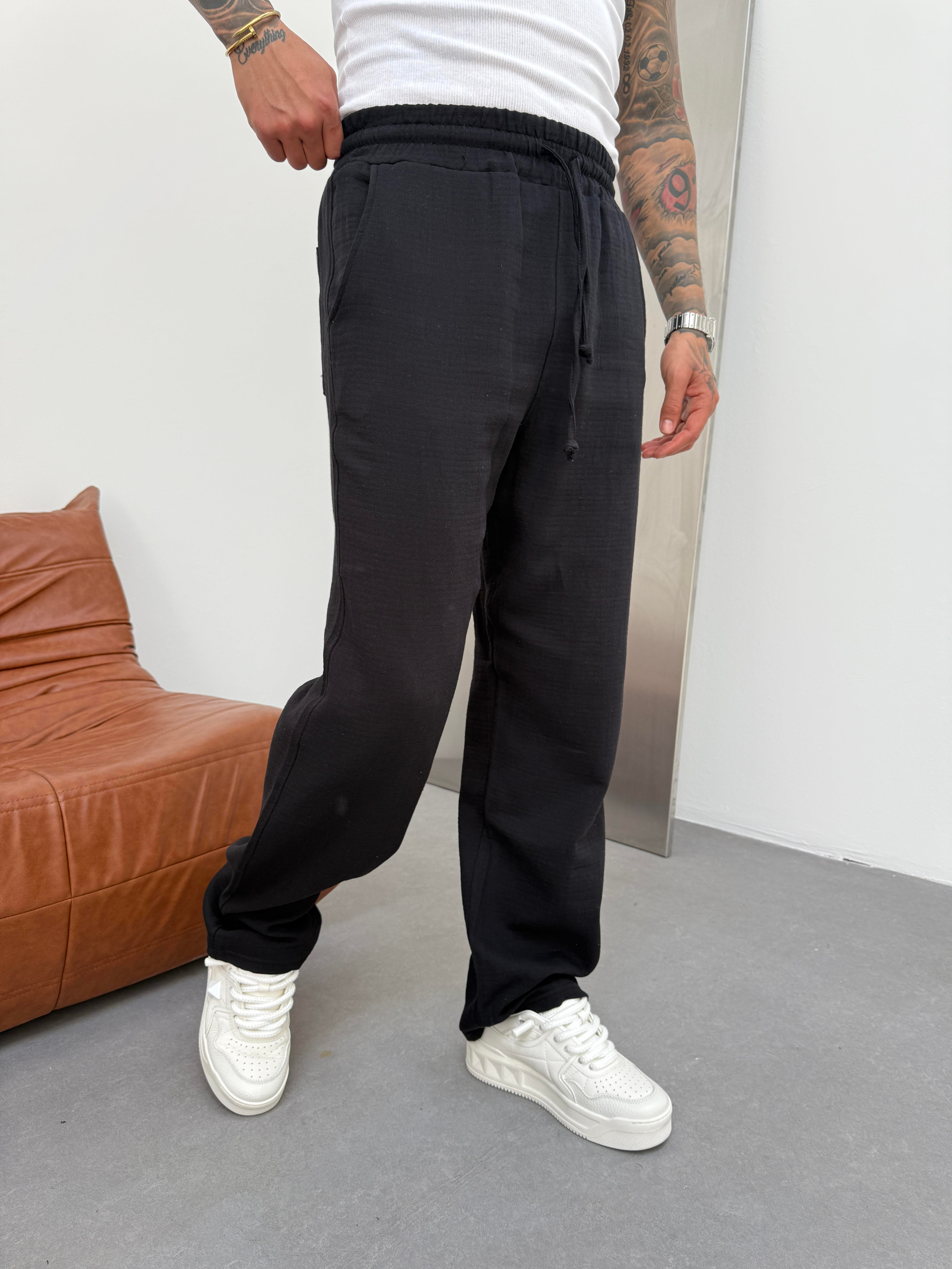 Erkek Müslin Kumaş Baggy Pantolon - Siyah