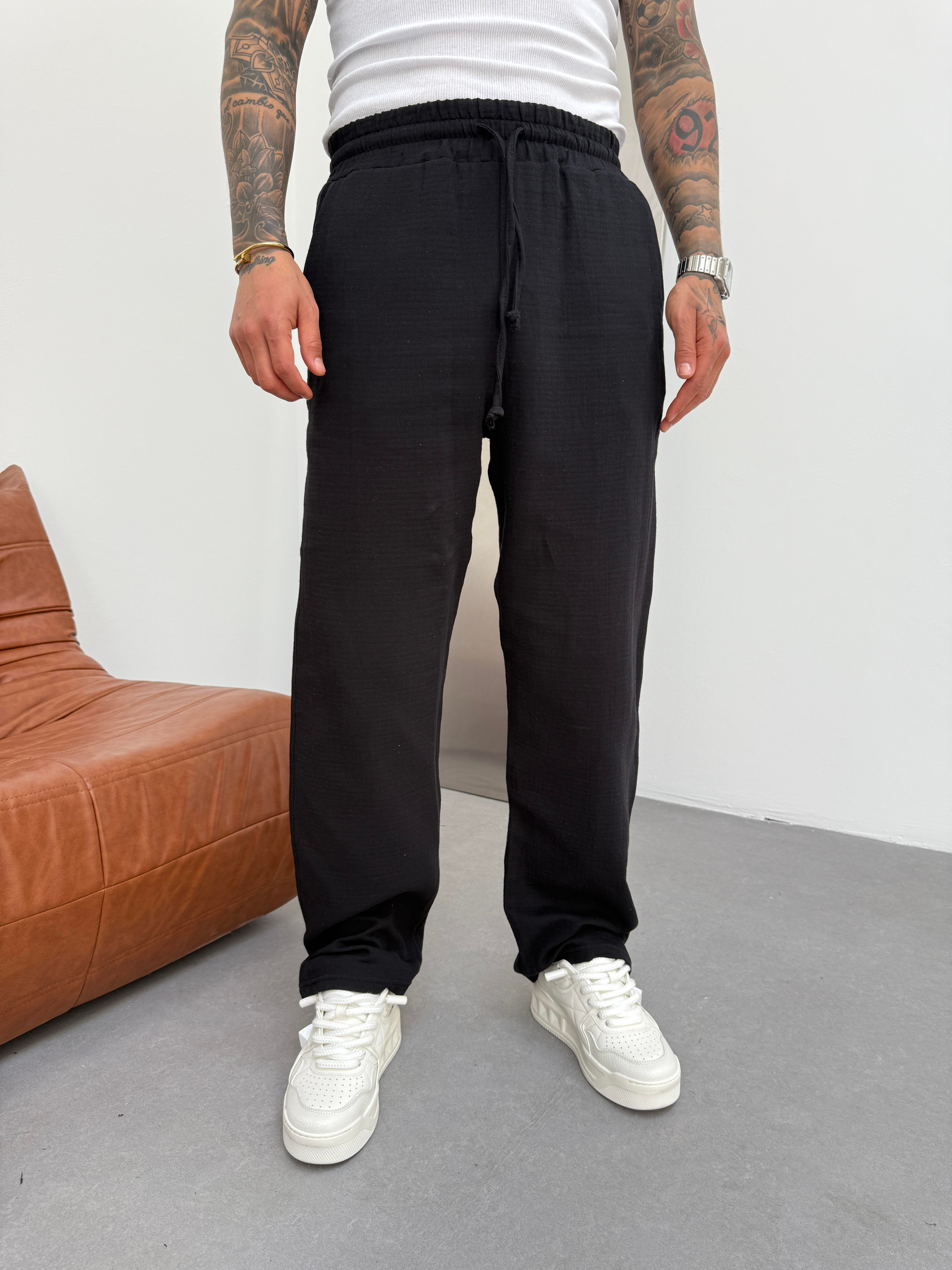 Erkek Müslin Kumaş Baggy Pantolon - Siyah