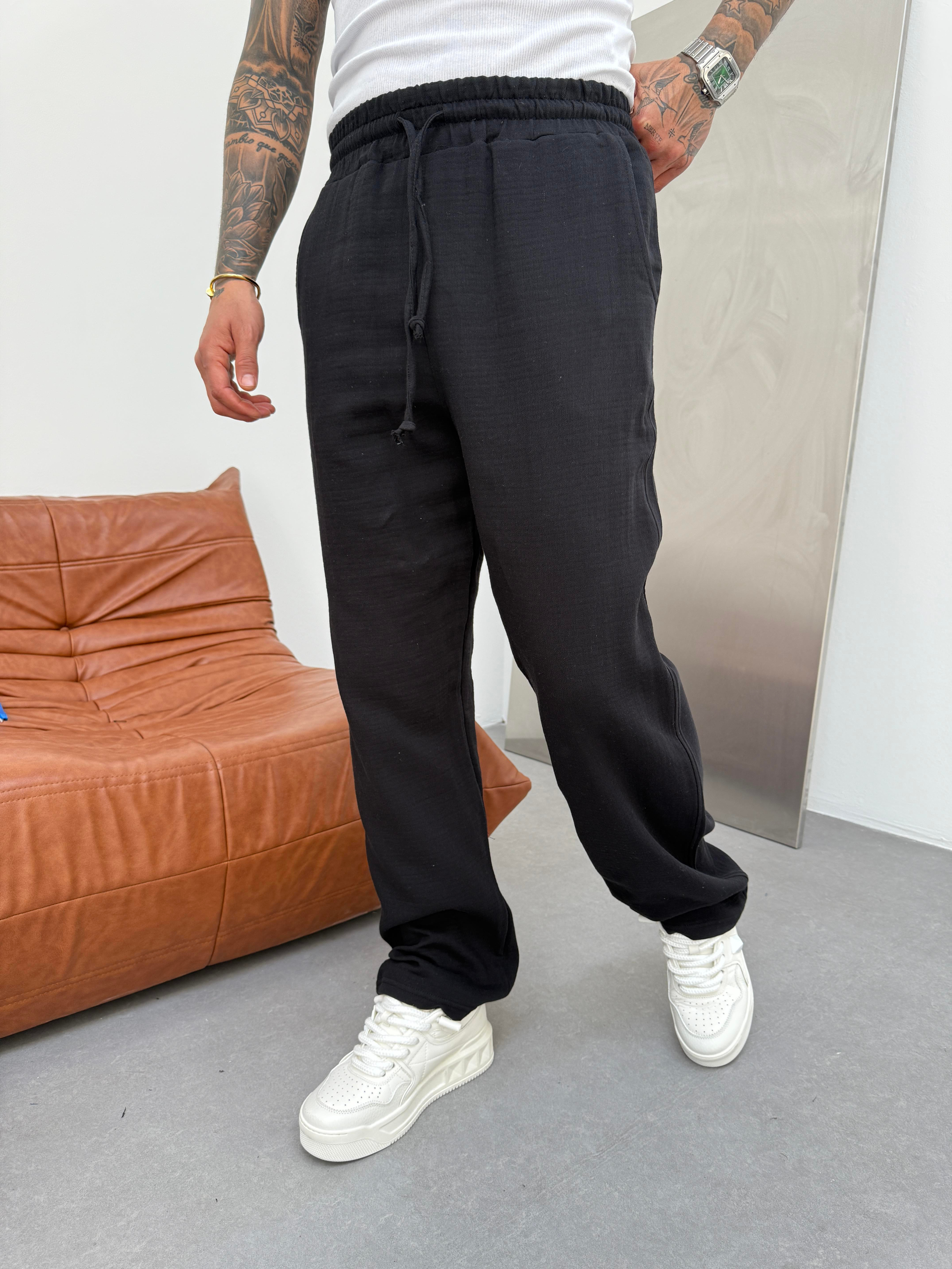 Erkek Müslin Kumaş Baggy Pantolon - Siyah